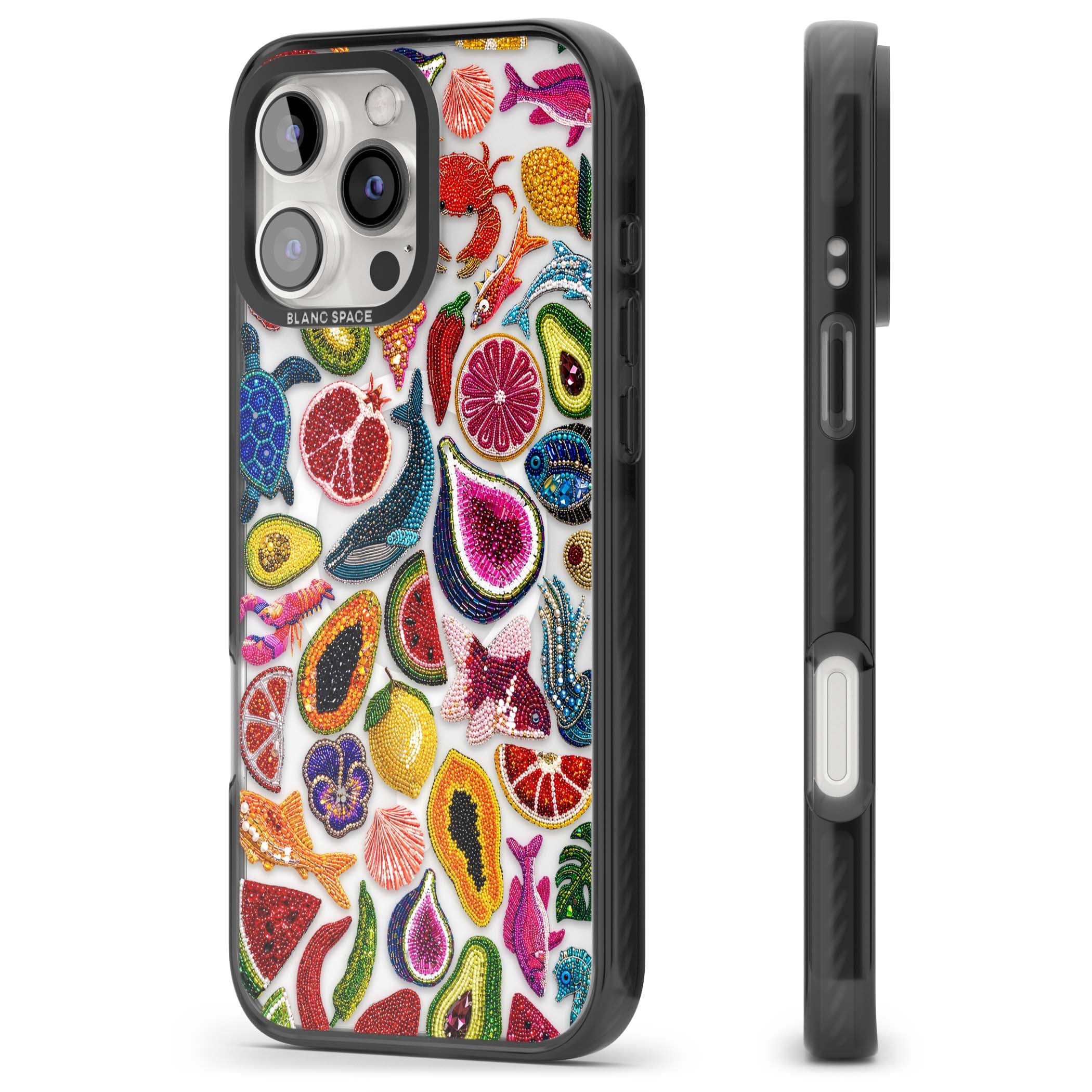 Beaded Tropic tropical iPhone case featuring beaded fruit, fish, crabs and seashells in vibrant colour | Black Impact Magsafe case for iPhone 16 Pro, iPhone 16 Pro Max