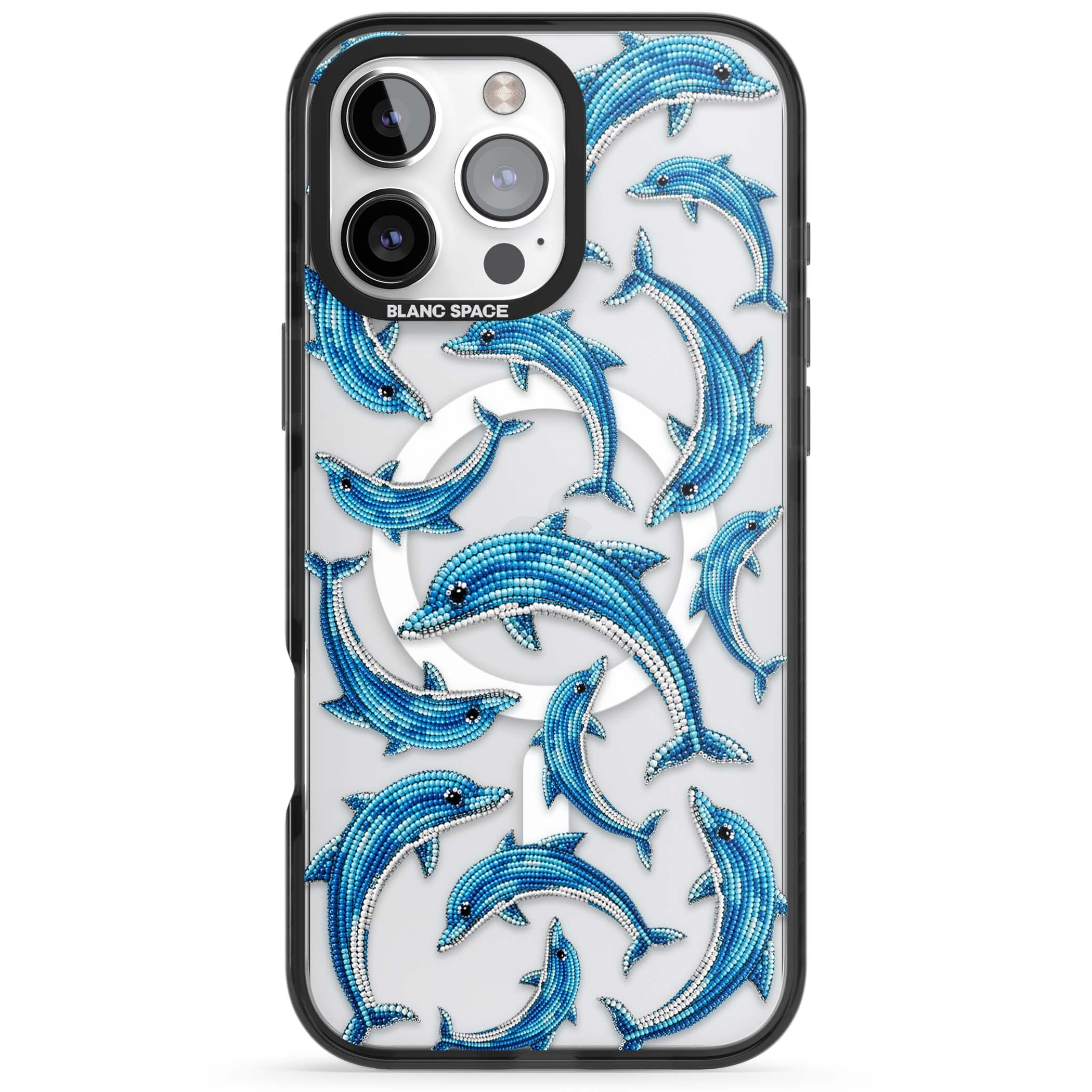 Beaded Dolphins coastal iPhone case featuring beaded dolphins in blue and white swimming across a clear background | Black Impact Magsafe case for iPhone 16 Pro, iPhone 16 Pro Max