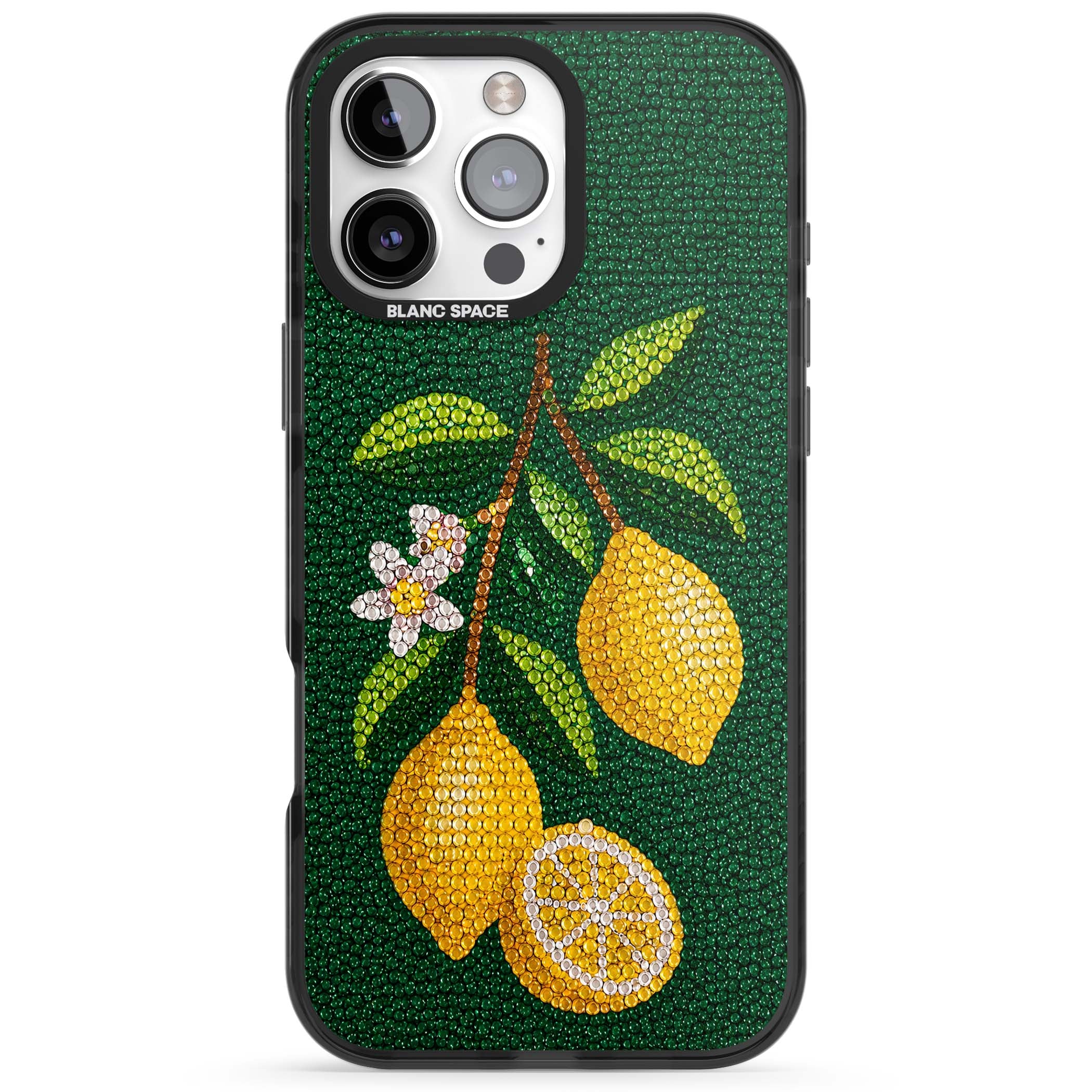 Beaded Lemons coastal iPhone case featuring crystal-beaded lemons, citrus blossom and green leaves on emerald ground | Black Impact Magsafe case for iPhone 16 Pro, iPhone 16 Pro Max