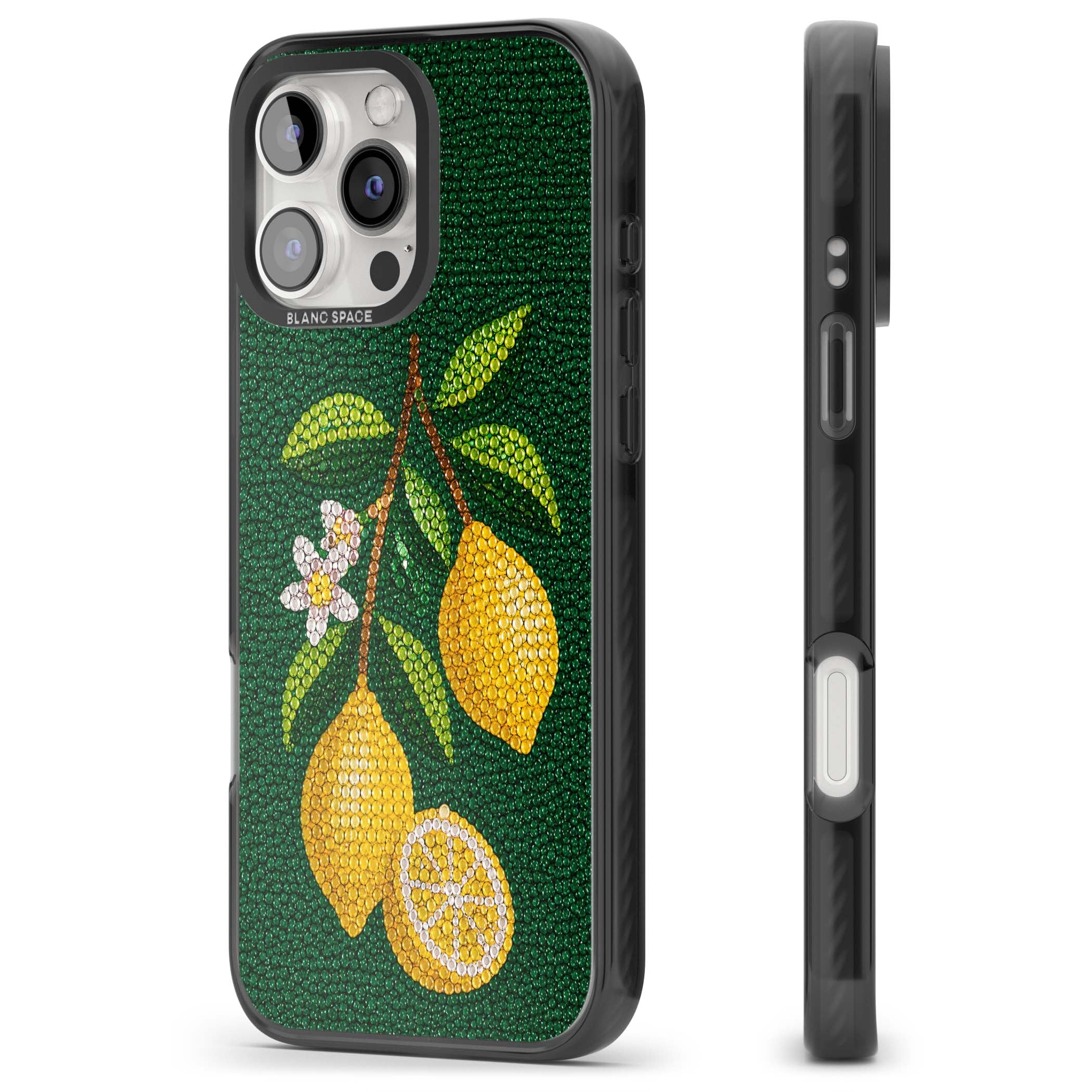 Beaded Lemons coastal iPhone case featuring crystal-beaded lemons, citrus blossom and green leaves on emerald ground | Black Impact Magsafe case for iPhone 16 Pro, iPhone 16 Pro Max