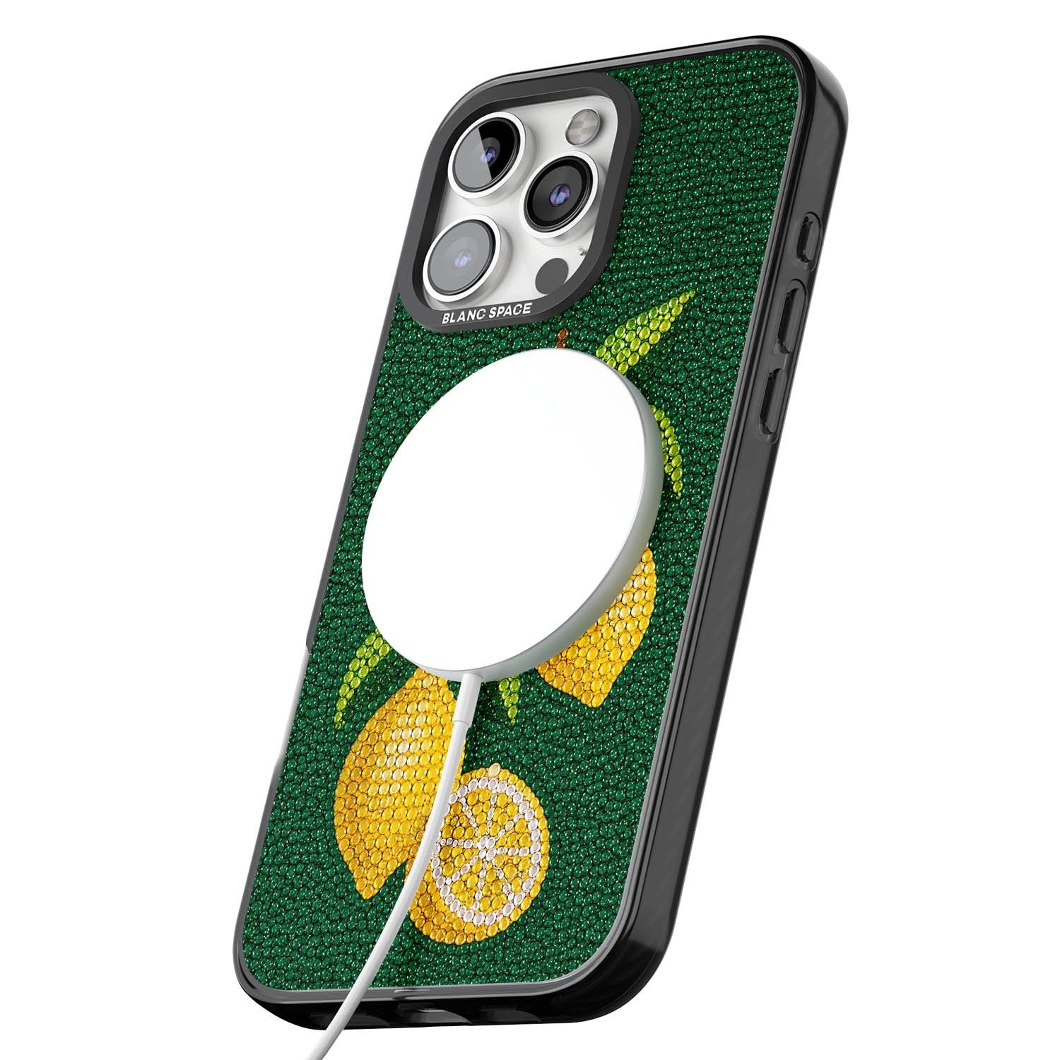 Beaded Lemons coastal iPhone case featuring crystal-beaded lemons, citrus blossom and green leaves on emerald ground | Black Impact Magsafe case for iPhone 16 Pro, iPhone 16 Pro Max