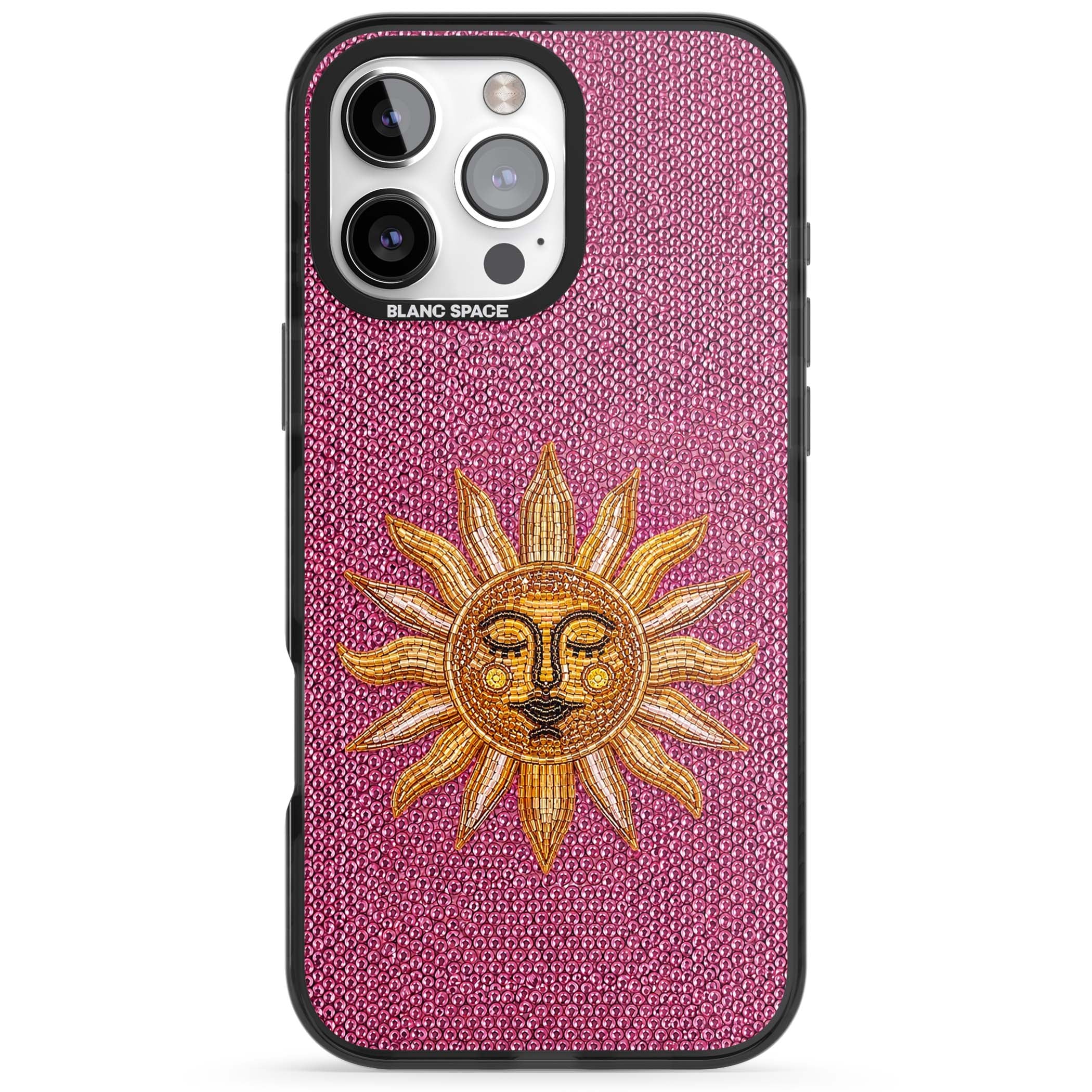 Beaded Sun celestial iPhone case featuring a golden beaded sun face with radiant rays on hot pink beaded background | Black Impact Magsafe case for iPhone 16 Pro, iPhone 16 Pro Max