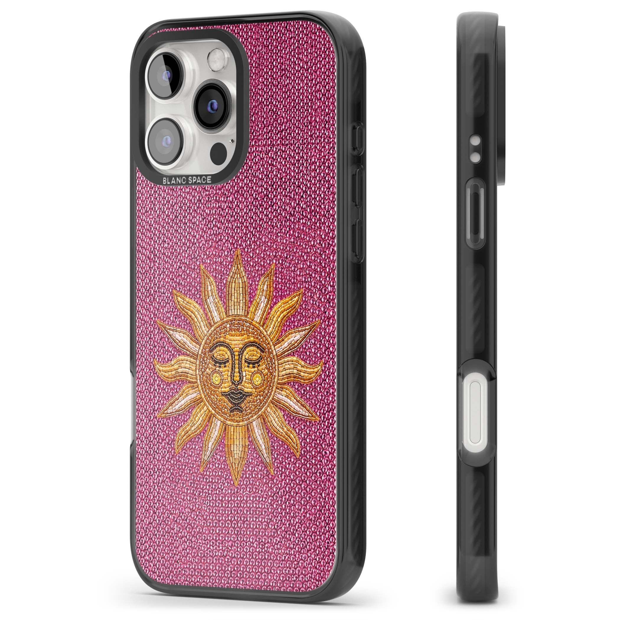 Beaded Sun celestial iPhone case featuring a golden beaded sun face with radiant rays on hot pink beaded background | Black Impact Magsafe case for iPhone 16 Pro, iPhone 16 Pro Max