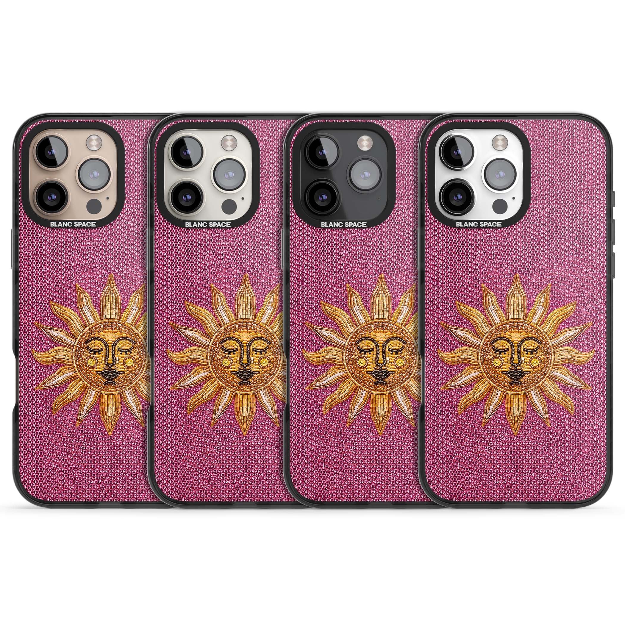 Beaded Sun celestial iPhone case featuring a golden beaded sun face with radiant rays on hot pink beaded background | Black Impact Magsafe case for iPhone 16 Pro, iPhone 16 Pro Max