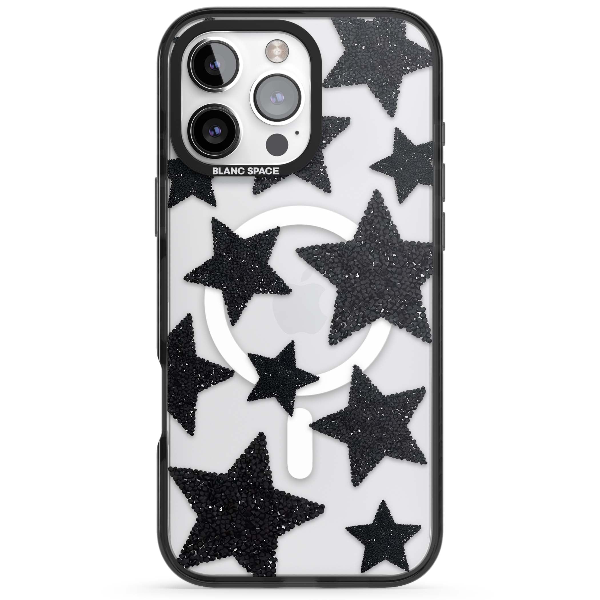 Beaded Black Stars celestial iPhone case featuring black glitter beaded stars scattered on a clear background | Black Impact Magsafe case for iPhone 16 Pro, iPhone 16 Pro Max