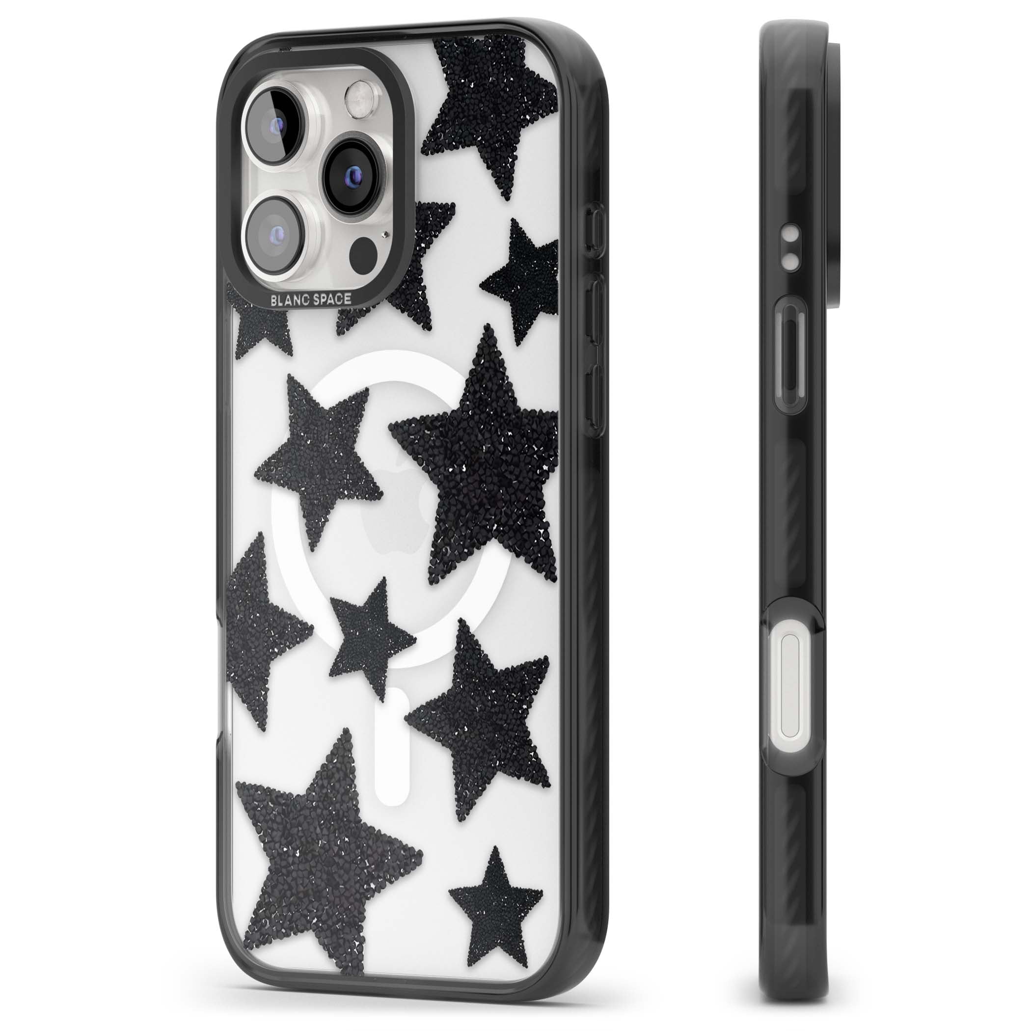Beaded Black Stars celestial iPhone case featuring black glitter beaded stars scattered on a clear background | Black Impact Magsafe case for iPhone 16 Pro, iPhone 16 Pro Max