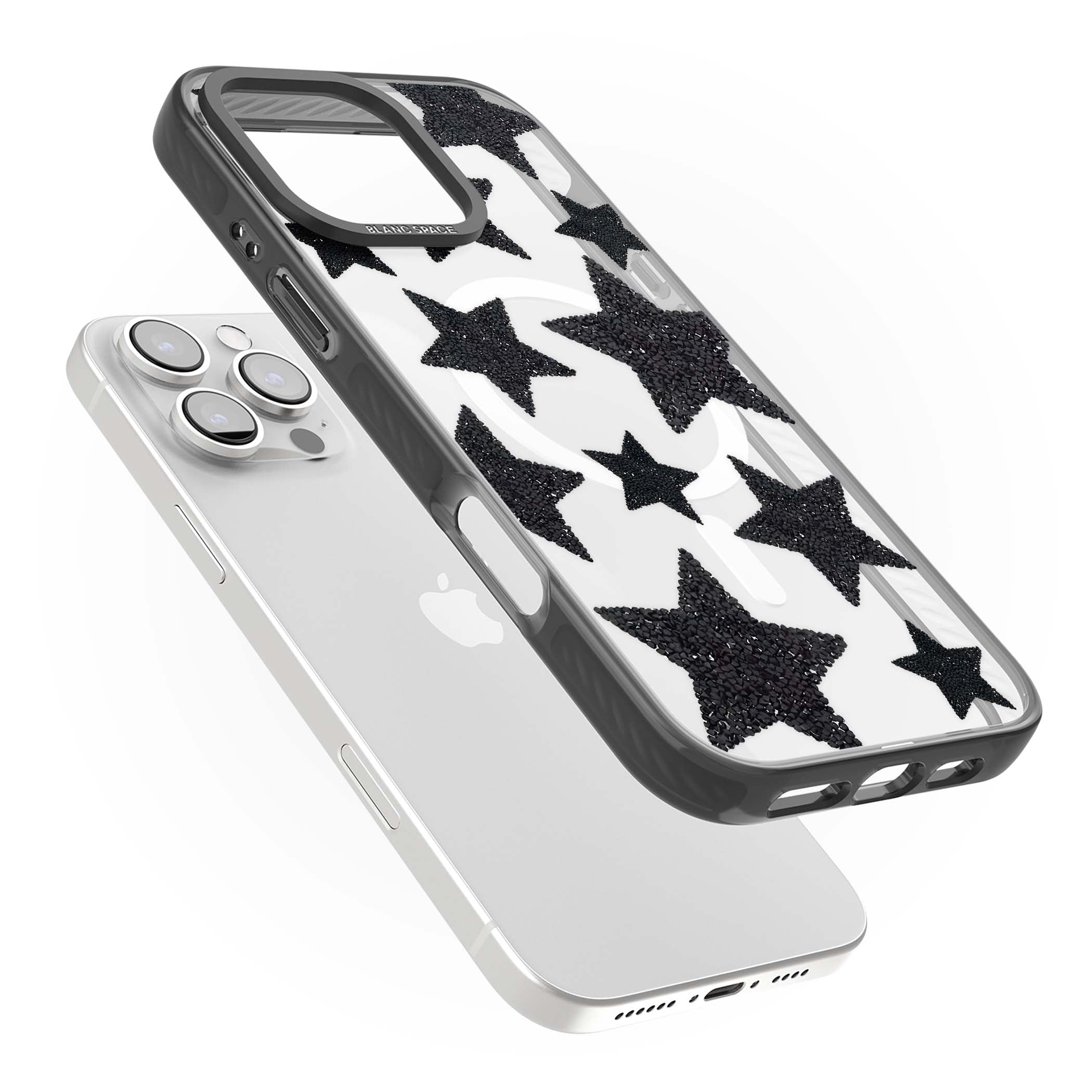 Beaded Black Stars celestial iPhone case featuring black glitter beaded stars scattered on a clear background | Black Impact Magsafe case for iPhone 16 Pro, iPhone 16 Pro Max