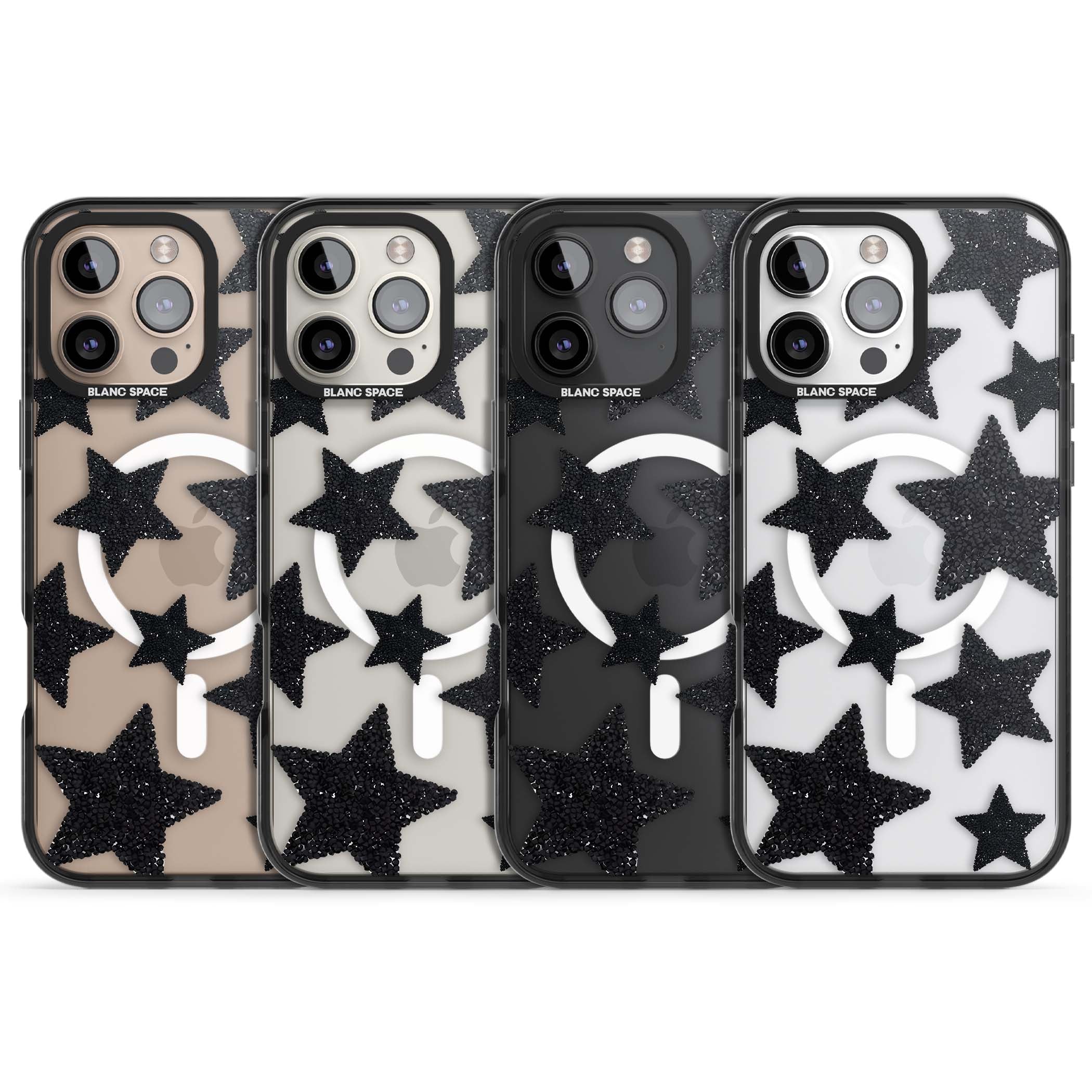 Beaded Black Stars celestial iPhone case featuring black glitter beaded stars scattered on a clear background | Black Impact Magsafe case for iPhone 16 Pro, iPhone 16 Pro Max