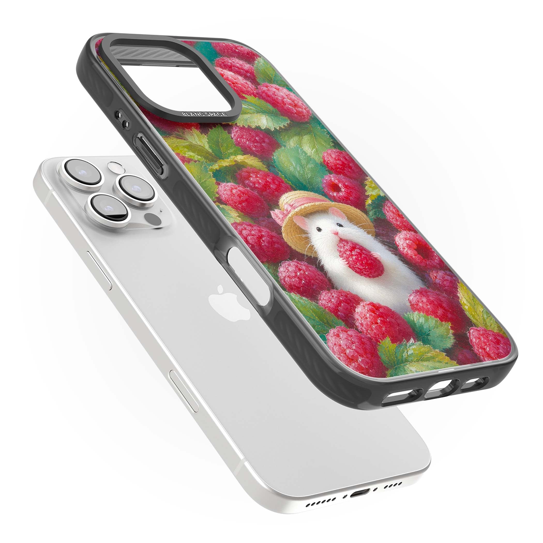 Berry Forager cottagecore iPhone case featuring a white hamster in a straw hat holding a raspberry surrounded by ripe ber | Black Impact Magsafe case for iPhone 16 Pro, iPhone 16 Pro Max