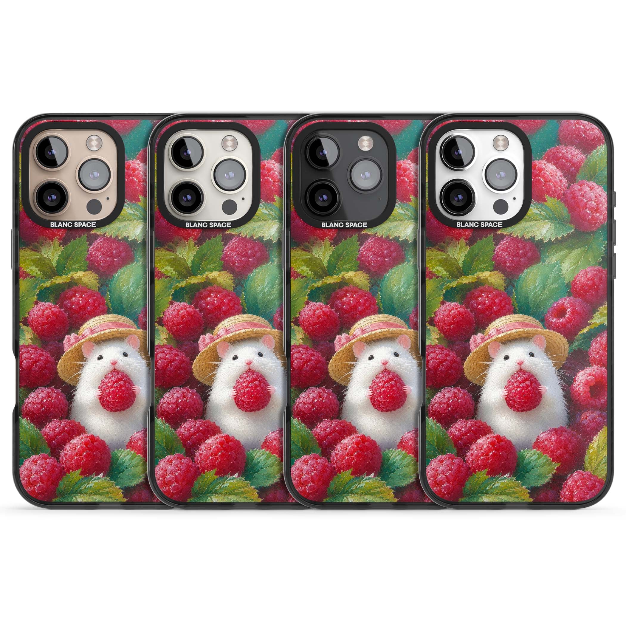 Berry Forager cottagecore iPhone case featuring a white hamster in a straw hat holding a raspberry surrounded by ripe ber | Black Impact Magsafe case for iPhone 16 Pro, iPhone 16 Pro Max