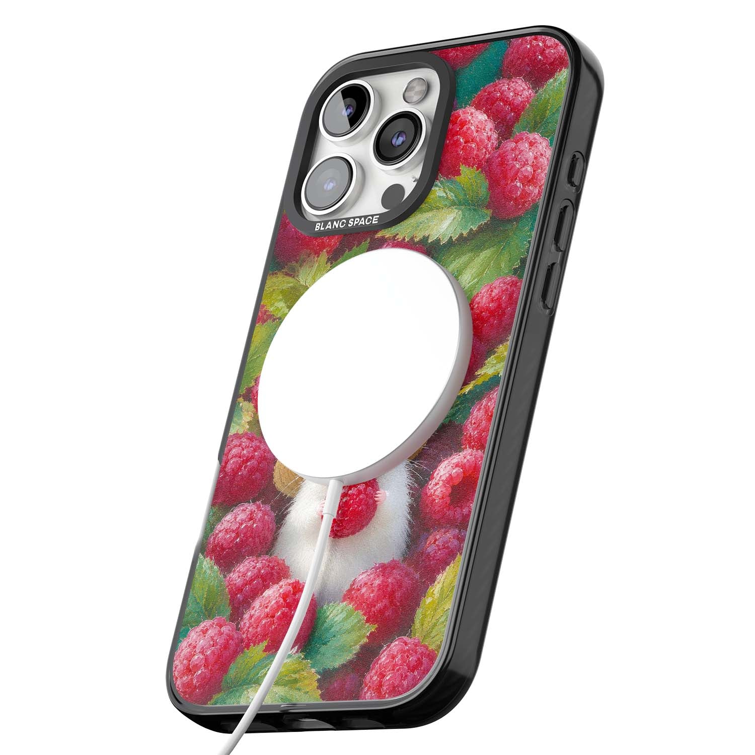 Berry Forager cottagecore iPhone case featuring a white hamster in a straw hat holding a raspberry surrounded by ripe ber | Black Impact Magsafe case for iPhone 16 Pro, iPhone 16 Pro Max