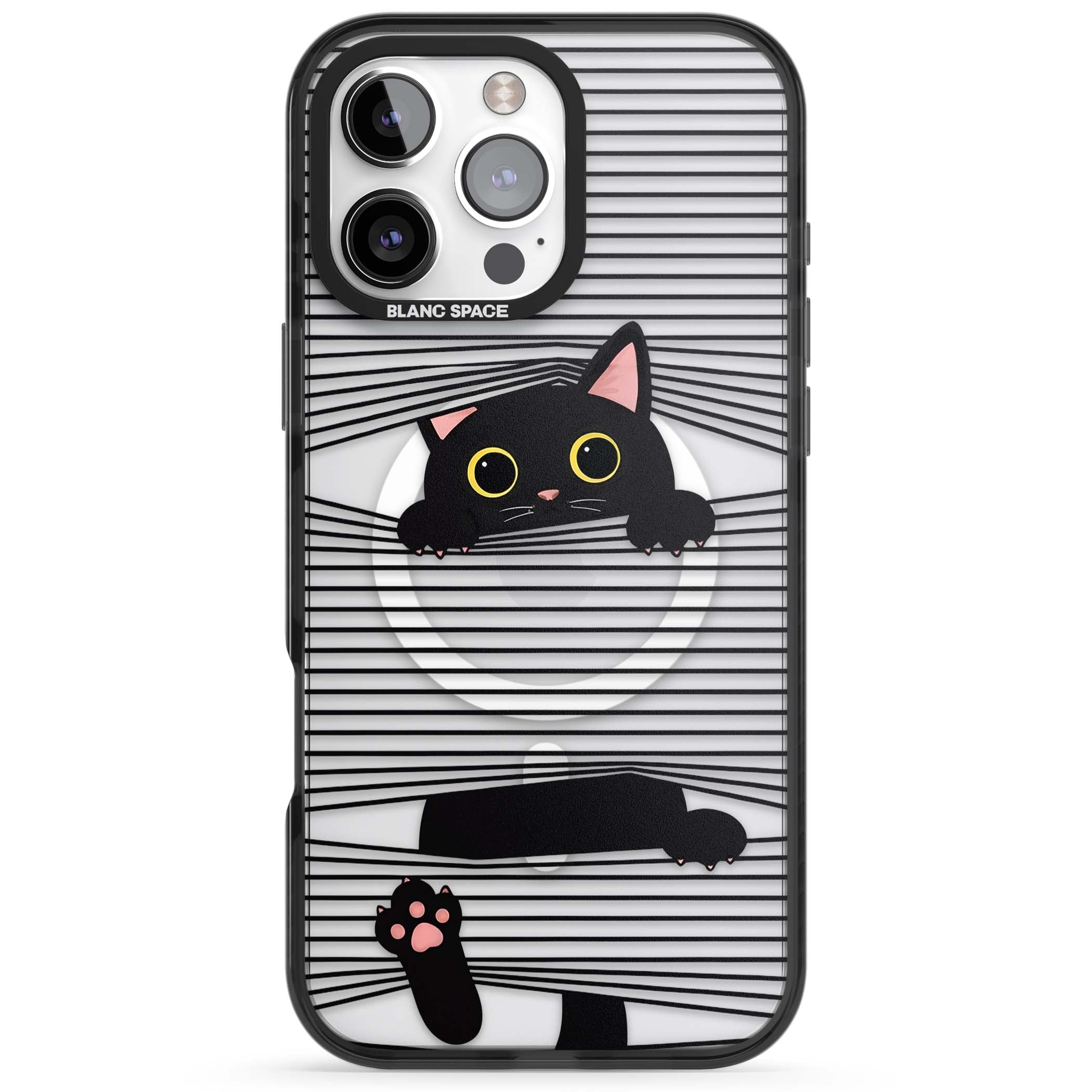 Peek-a-Boo Cat minimal iPhone case featuring black cat peeking through horizontal black and white stripes | Black Impact Magsafe case for iPhone 16 Pro, iPhone 16 Pro Max