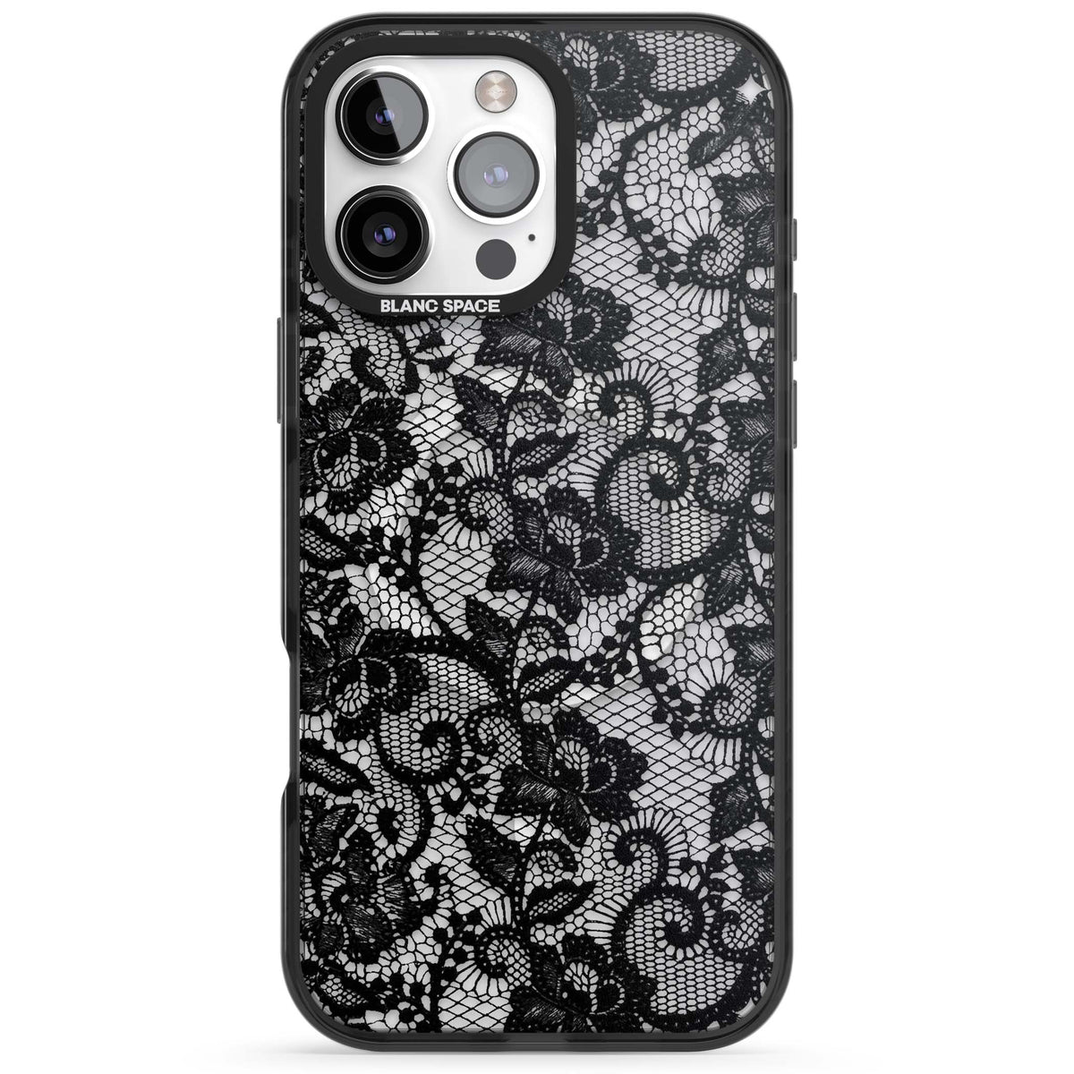 Black Lace gothic iPhone case featuring intricate black floral lace pattern with vintage whimsigoth detail | Black Impact Magsafe case for iPhone 16 Pro, iPhone 16 Pro Max