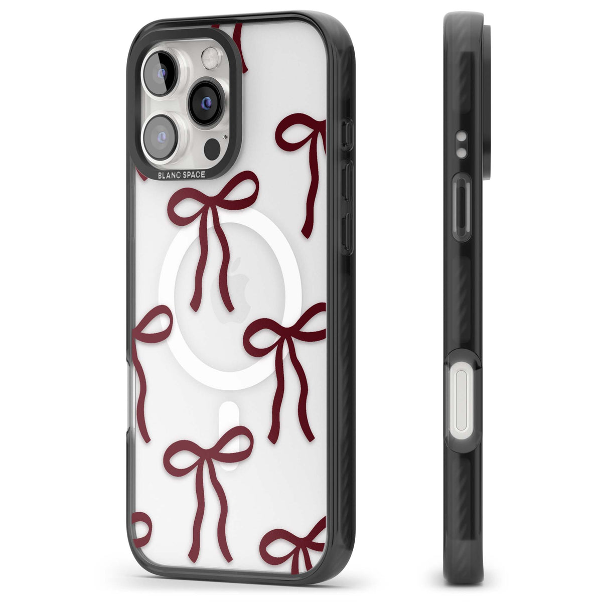 Burgundy Bows coquette iPhone case featuring hand-drawn burgundy red bows on a clear background | Black Impact Magsafe case for iPhone 16 Pro, iPhone 16 Pro Max
