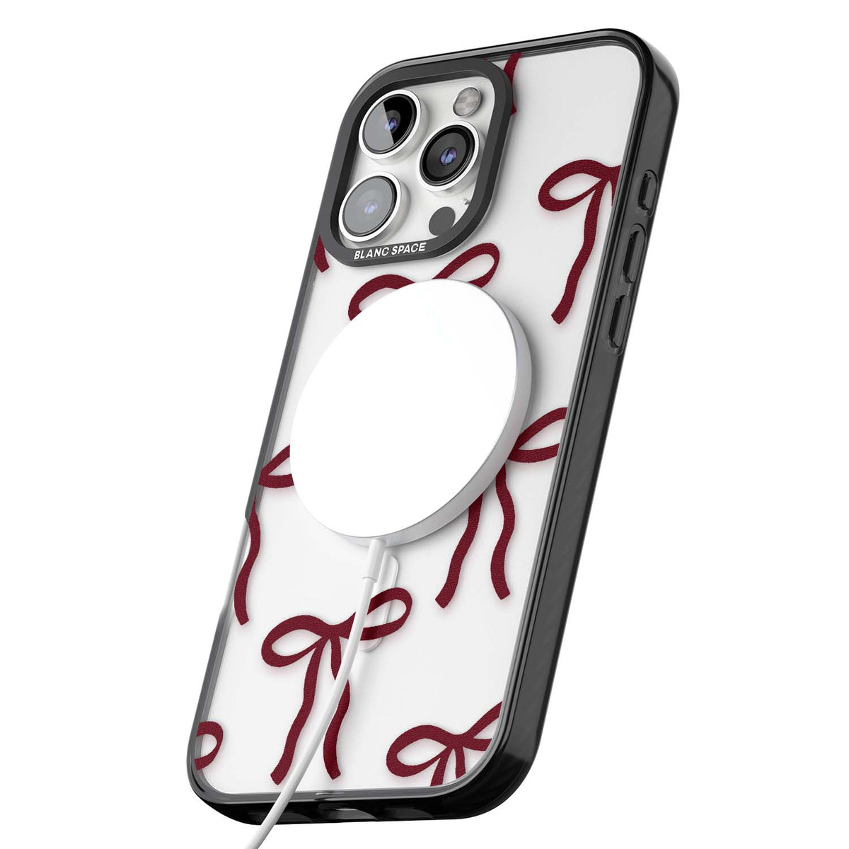 Burgundy Bows coquette iPhone case featuring hand-drawn burgundy red bows on a clear background | Black Impact Magsafe case for iPhone 16 Pro, iPhone 16 Pro Max