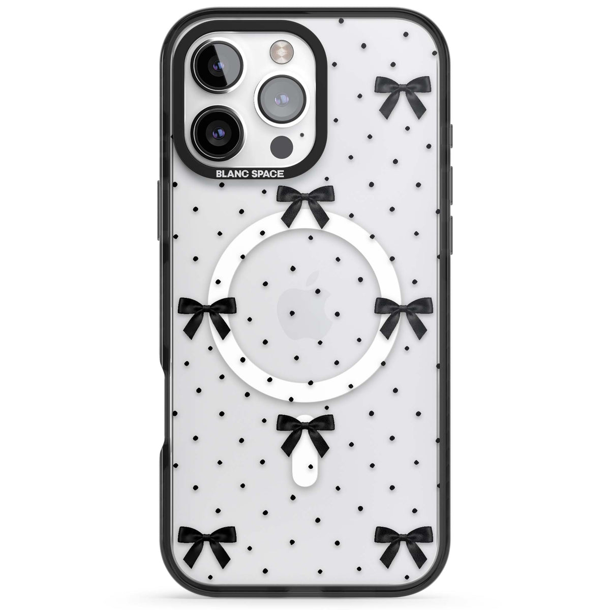 Black Polka Bows coquette iPhone case featuring scattered black satin bows and tiny polka dots on a clear base | Black Impact Magsafe case for iPhone 16 Pro, iPhone 16 Pro Max