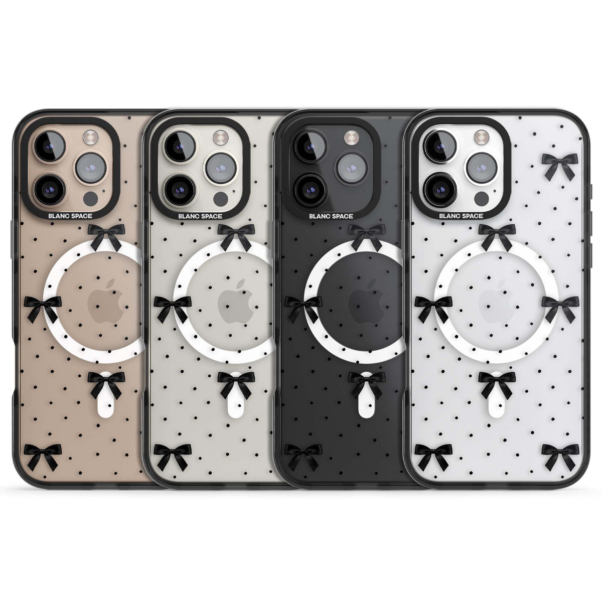 Black Polka Bows coquette iPhone case featuring scattered black satin bows and tiny polka dots on a clear base | Black Impact Magsafe case for iPhone 16 Pro, iPhone 16 Pro Max