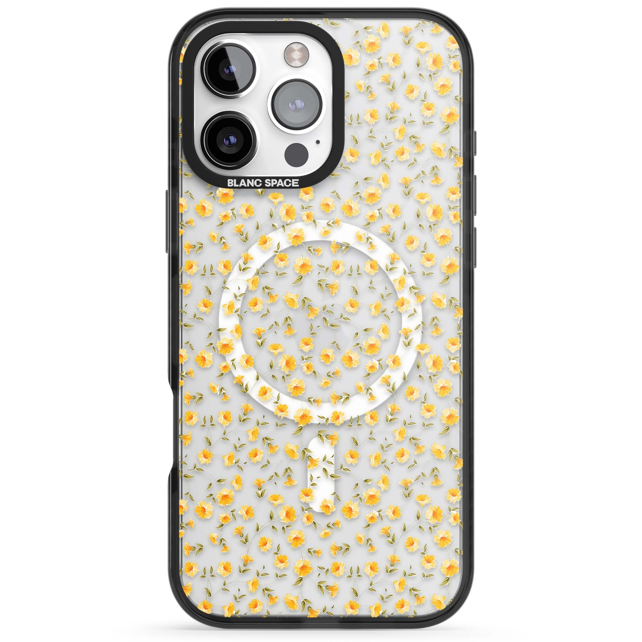 Buttercup wildflower iPhone case featuring tiny yellow flowers and trailing green vines on clear | Black Impact Magsafe case for iPhone 16 Pro, iPhone 16 Pro Max
