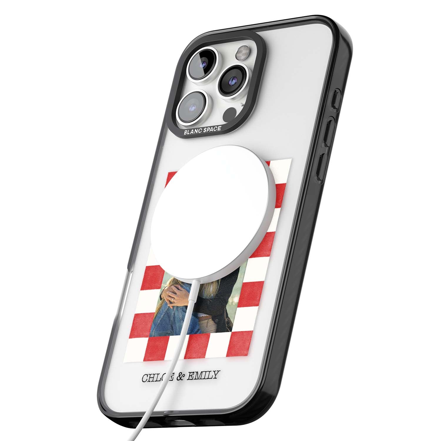 Red Check Photo personalised photo iPhone case with red and white checkered polaroid frame and custom couple name | Black Impact Magsafe case for iPhone 16 Pro, iPhone 16 Pro Max