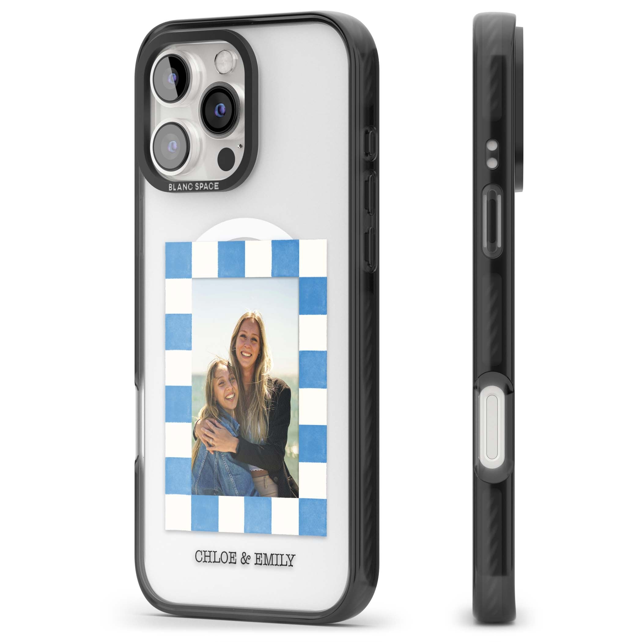 Blue Check Photo personalised photo iPhone case with blue checkered frame and custom couple names | Black Impact Magsafe case for iPhone 16 Pro, iPhone 16 Pro Max