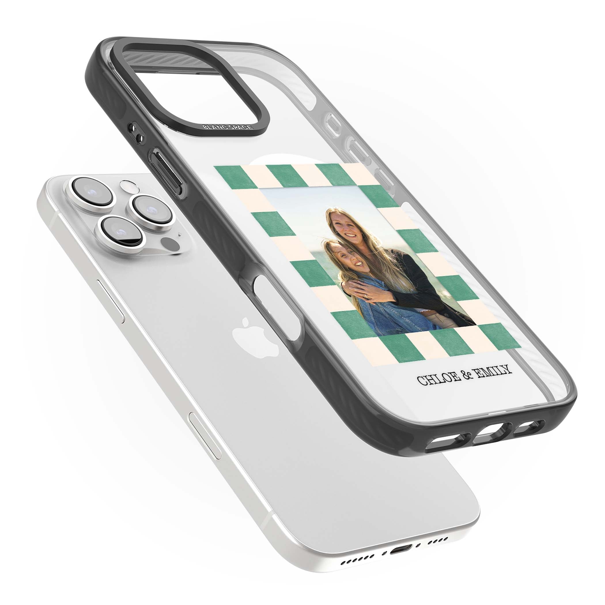 Seafoam Check Photo personalised iPhone case featuring a custom polaroid photo, green and cream checkered frame, and custom n | Black Impact Magsafe case for iPhone 16 Pro, iPhone 16 Pro Max