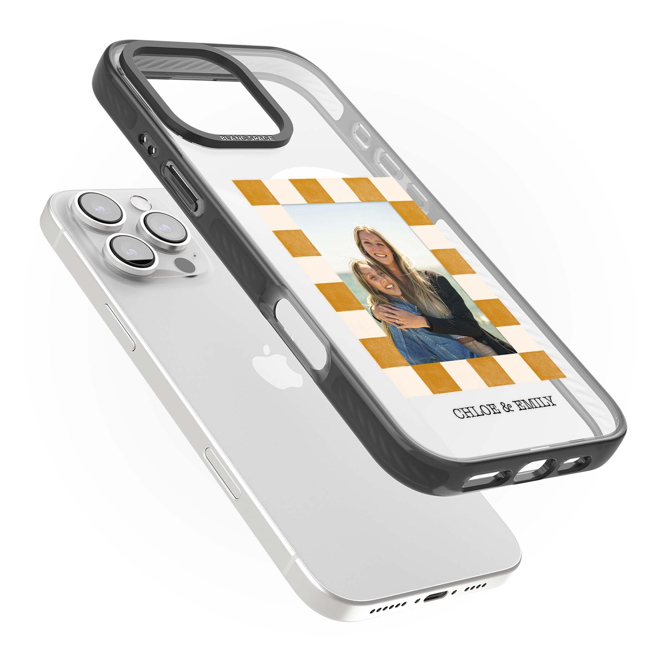 Citrus Check Photo personalised iPhone case with custom photo, orange checkered frame and names underneath | Black Impact Magsafe case for iPhone 16 Pro, iPhone 16 Pro Max