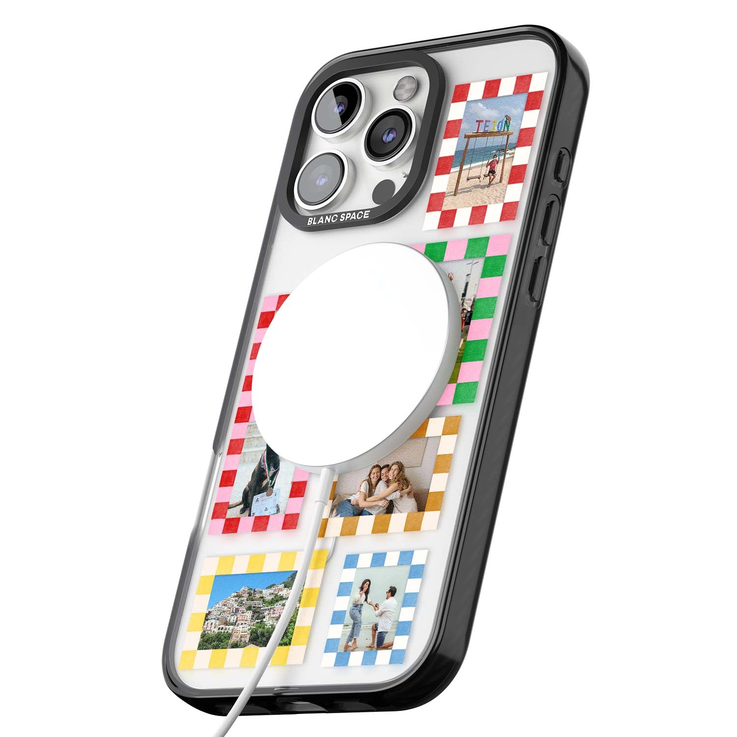 Italian Check Frames custom photo collage iPhone case featuring six checkered photo frames in red, green, pink and  | Black Impact Magsafe case for iPhone 16 Pro, iPhone 16 Pro Max