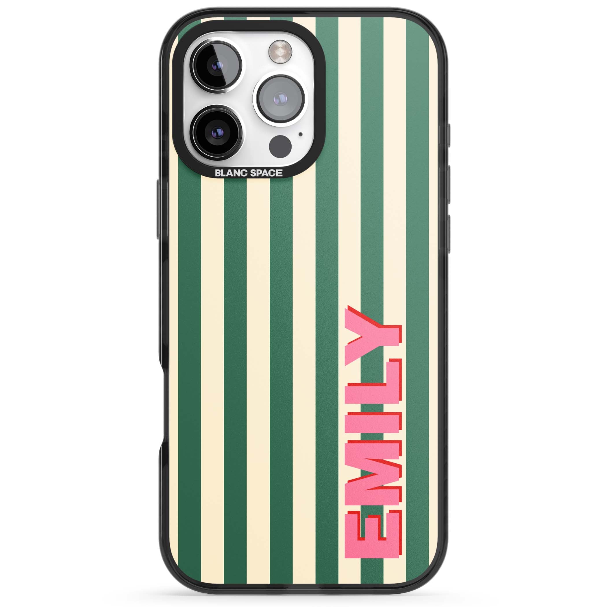 Wimbledon Stripe preppy iPhone case featuring green and cream vertical stripes with a personalised pink name | Black Impact Magsafe case for iPhone 16 Pro, iPhone 16 Pro Max