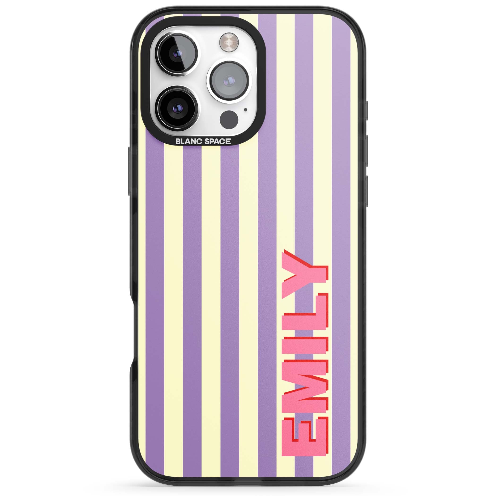 Valensole Stripe personalised iPhone case with purple and cream vertical stripes and pink custom name | Black Impact Magsafe case for iPhone 16 Pro, iPhone 16 Pro Max