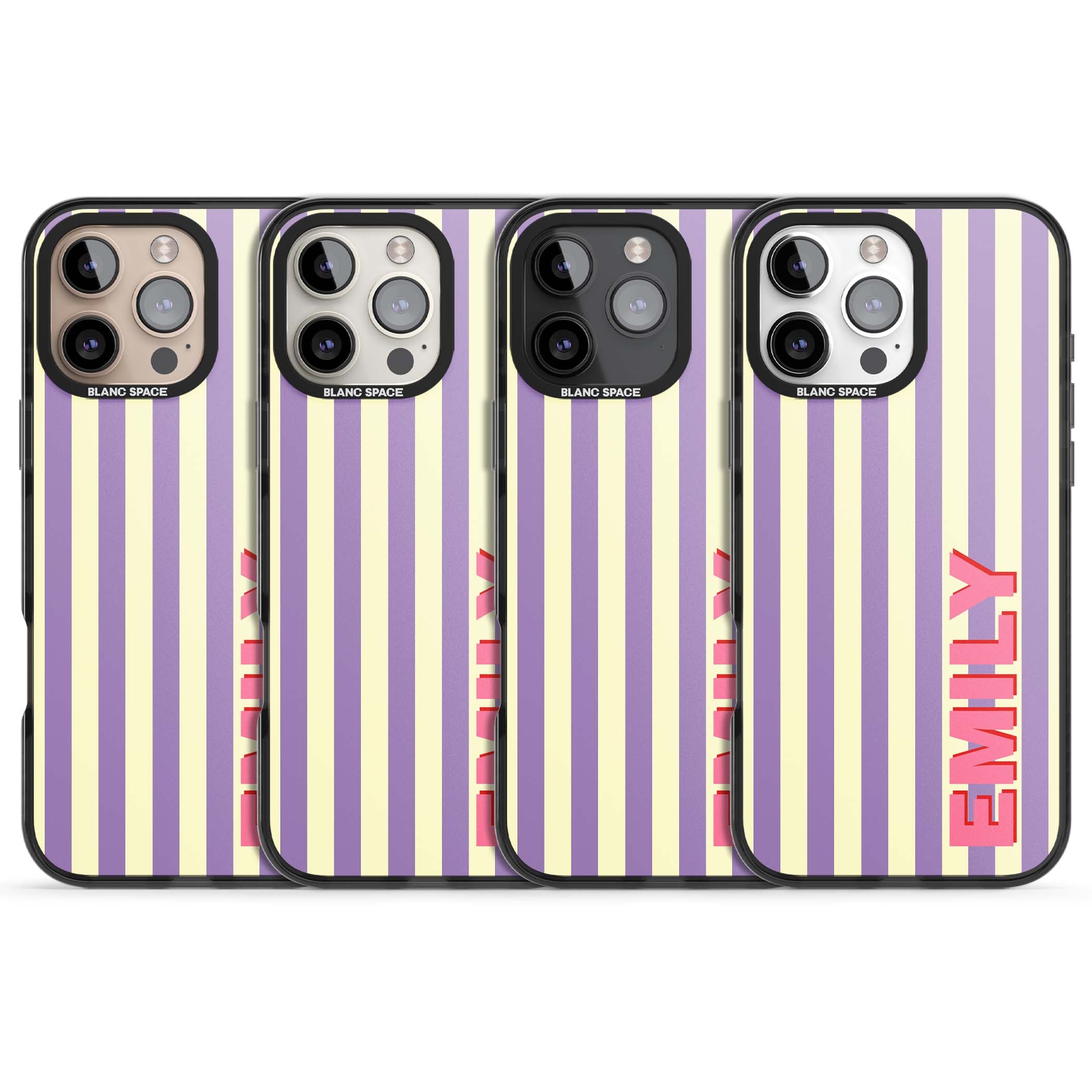 Valensole Stripe personalised iPhone case with purple and cream vertical stripes and pink custom name | Black Impact Magsafe case for iPhone 16 Pro, iPhone 16 Pro Max