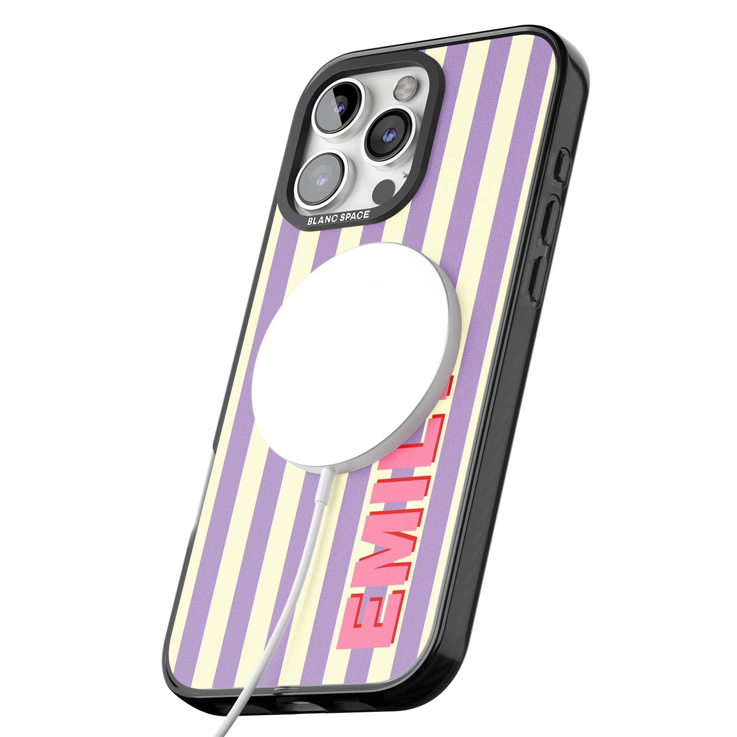 Valensole Stripe personalised iPhone case with purple and cream vertical stripes and pink custom name | Black Impact Magsafe case for iPhone 16 Pro, iPhone 16 Pro Max
