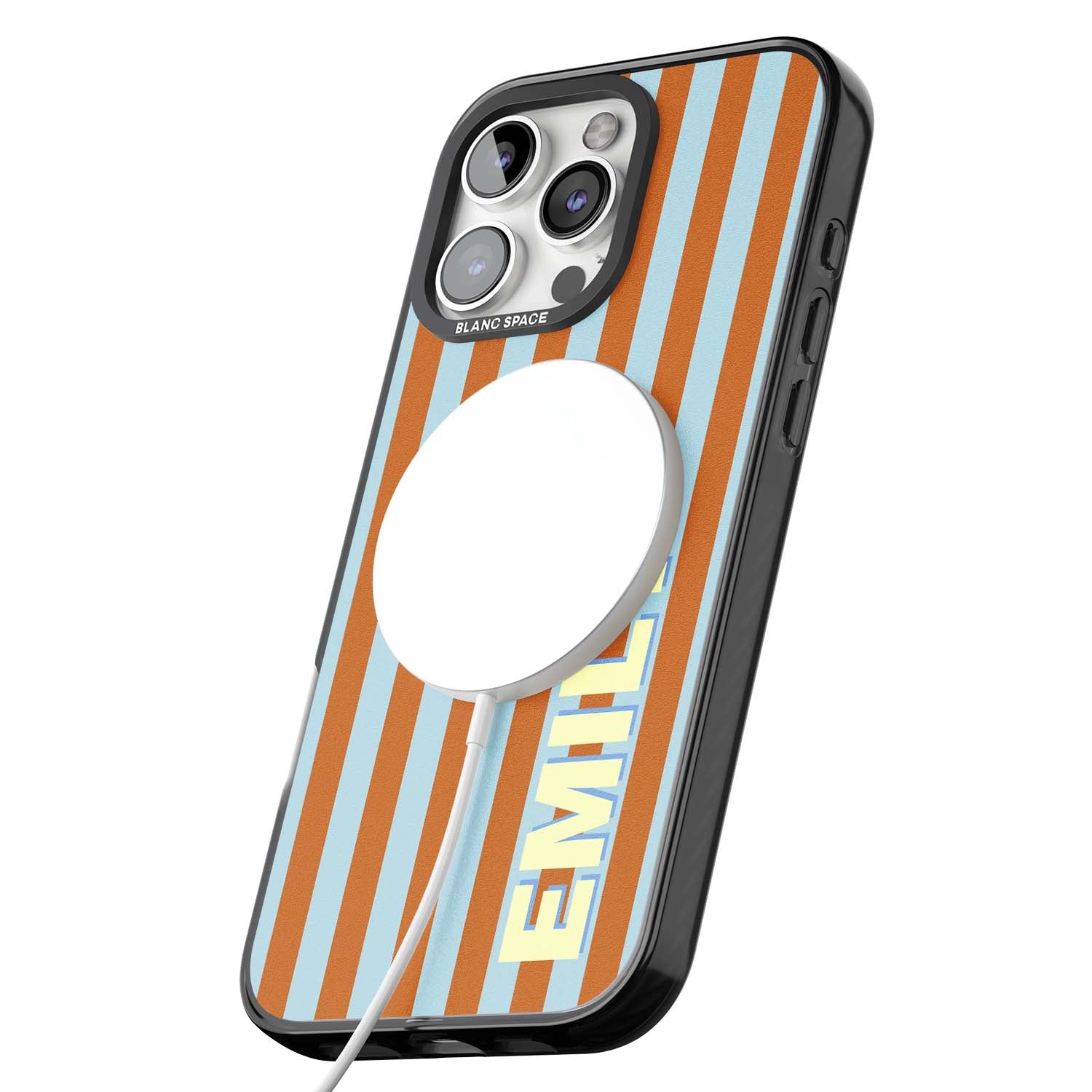 Cappadocia Stripe personalised coastal iPhone case featuring blue and orange vertical stripes with custom cream name | Black Impact Magsafe case for iPhone 16 Pro, iPhone 16 Pro Max