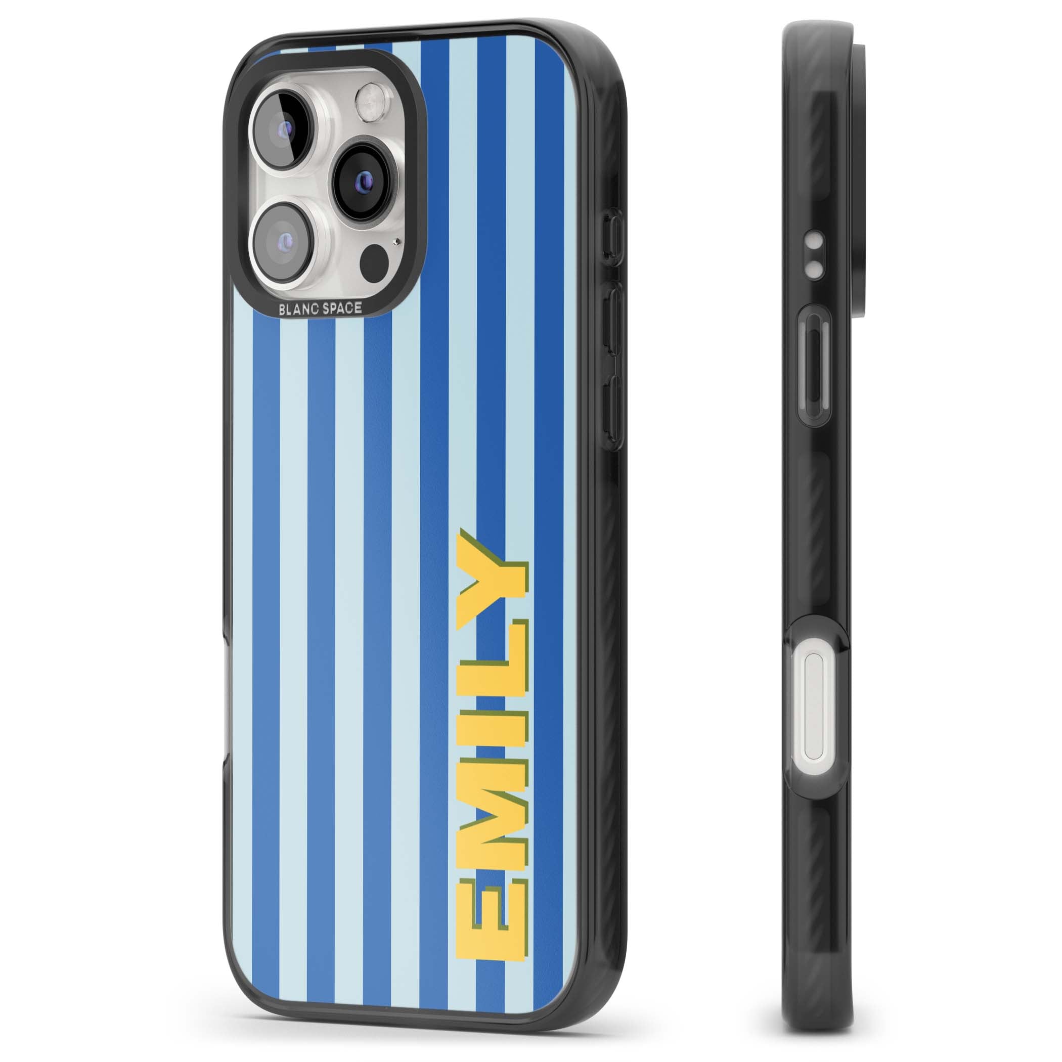 Athenian Stripe personalised preppy iPhone case featuring blue vertical stripes and a custom yellow name | Black Impact Magsafe case for iPhone 16 Pro, iPhone 16 Pro Max