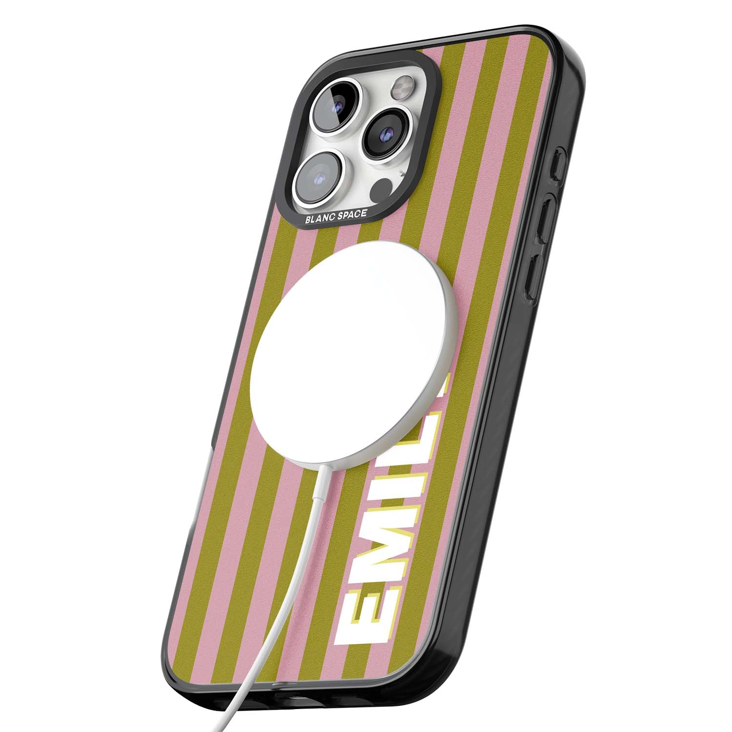 Istanbul Stripe personalised iPhone case featuring pink and olive green vertical stripes with a custom vertical name | Black Impact Magsafe case for iPhone 16 Pro, iPhone 16 Pro Max