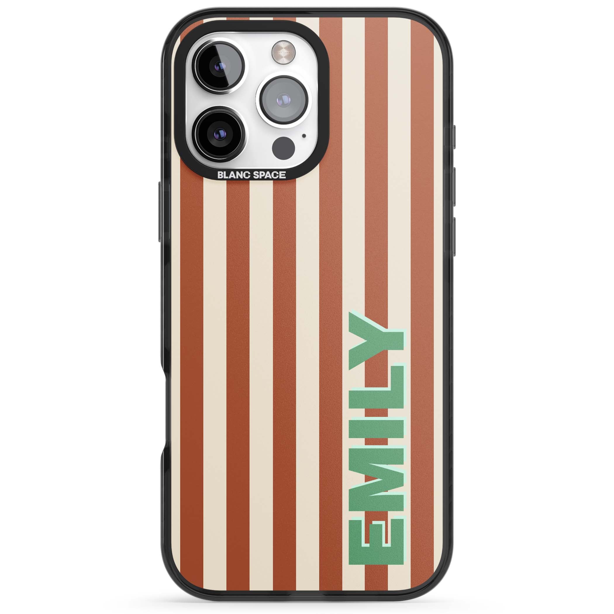 Dune Stripe personalised iPhone case with rust and cream vertical stripes and custom name in mint green | Black Impact Magsafe case for iPhone 16 Pro, iPhone 16 Pro Max