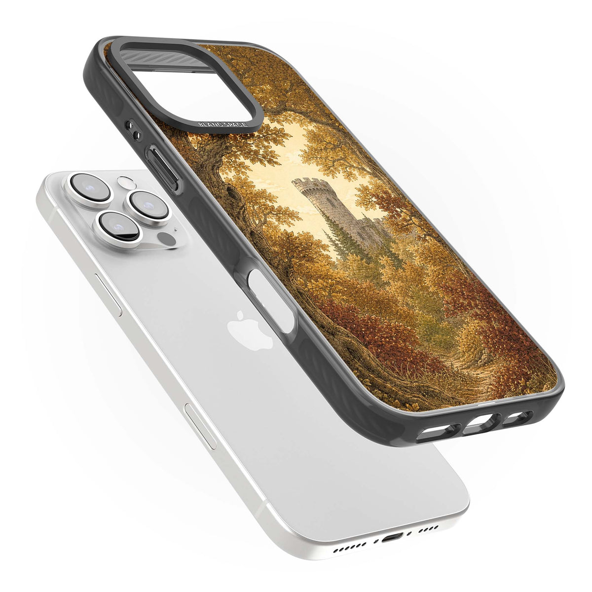 Autumn Keep cottagecore iPhone case featuring a medieval castle tower framed by golden autumn trees and woodland foliage | Black Impact Magsafe case for iPhone 16 Pro, iPhone 16 Pro Max