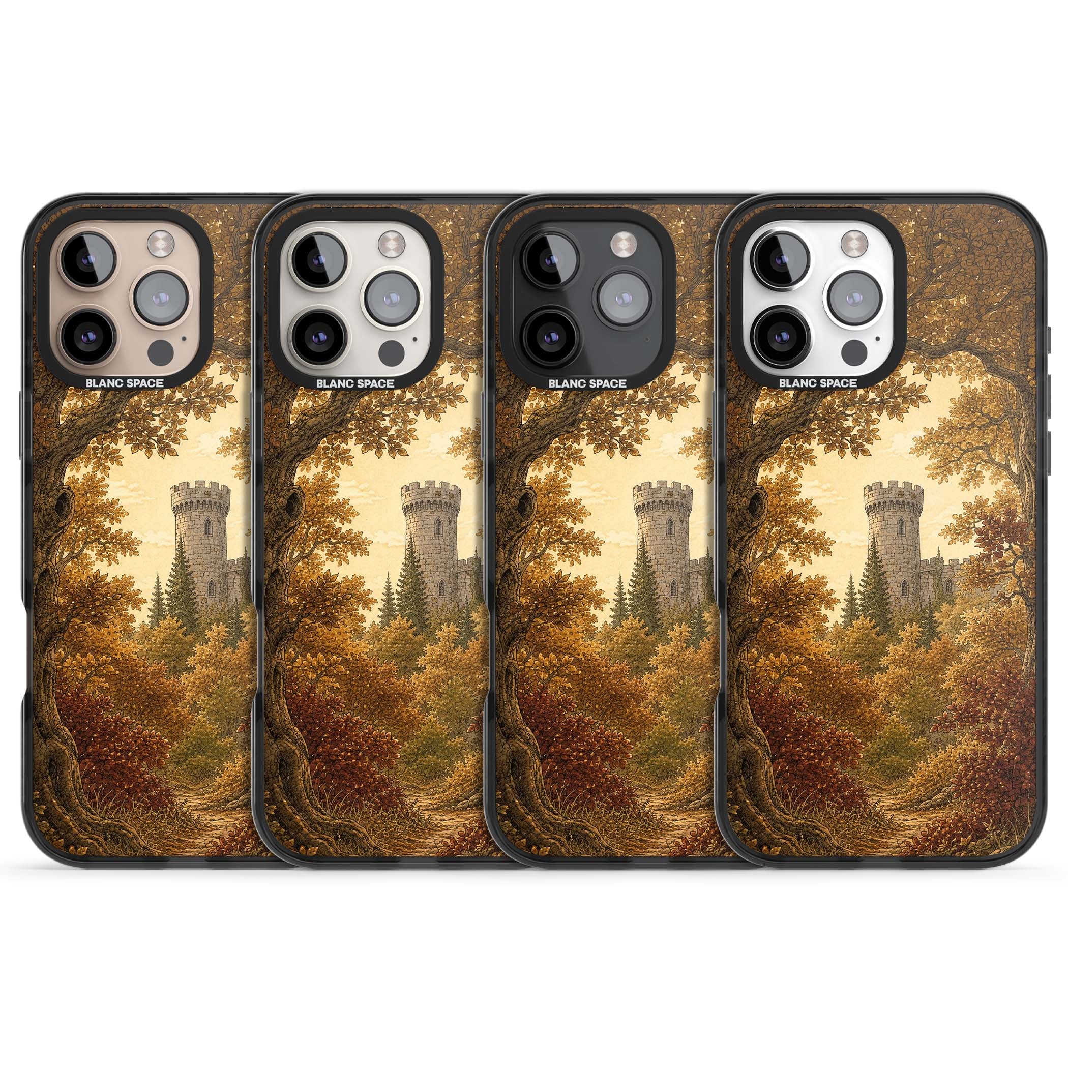 Autumn Keep cottagecore iPhone case featuring a medieval castle tower framed by golden autumn trees and woodland foliage | Black Impact Magsafe case for iPhone 16 Pro, iPhone 16 Pro Max