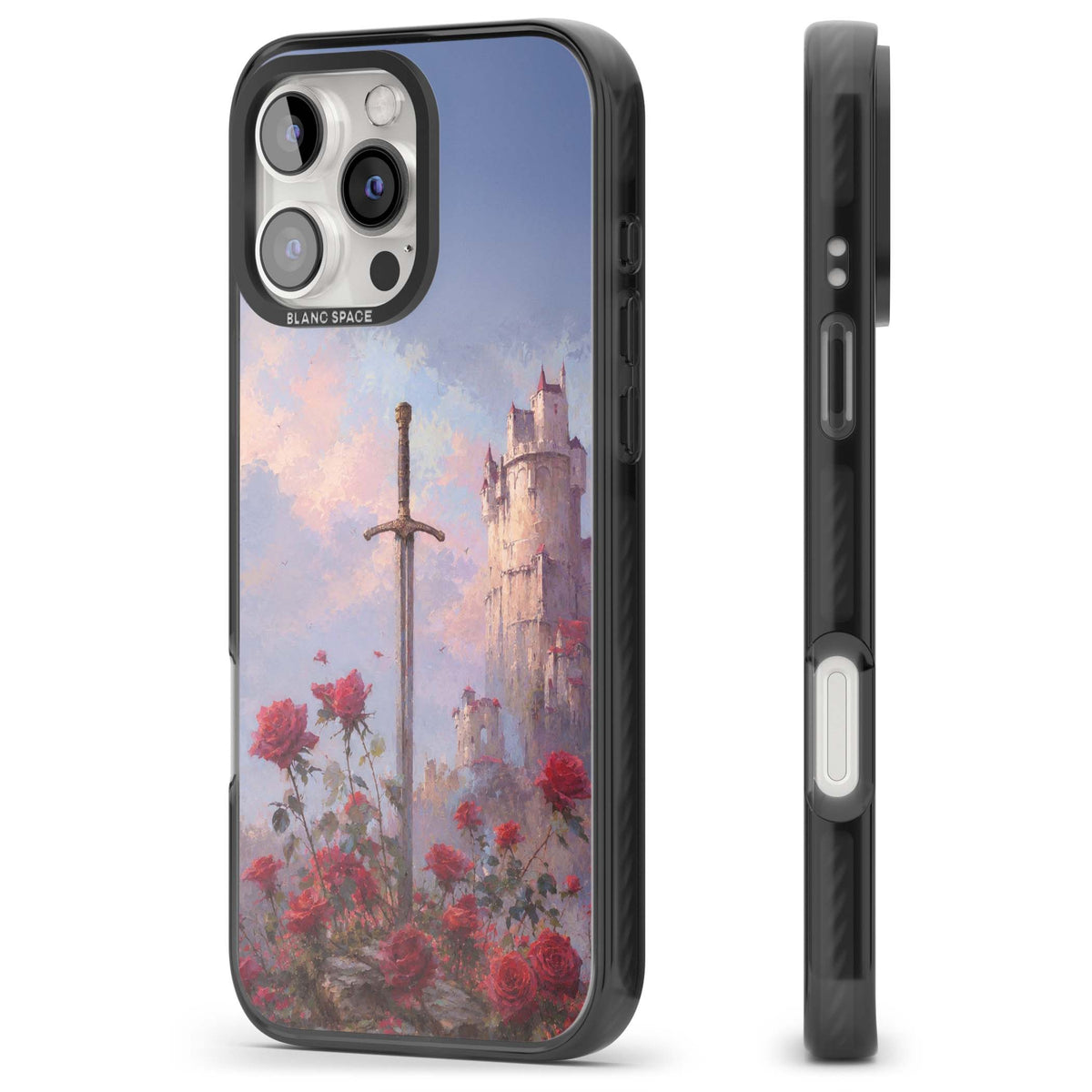 Sword in Roses medieval art iPhone case featuring a sword, red roses, and a misty fairytale castle at sunset | Black Impact Magsafe case for iPhone 16 Pro, iPhone 16 Pro Max