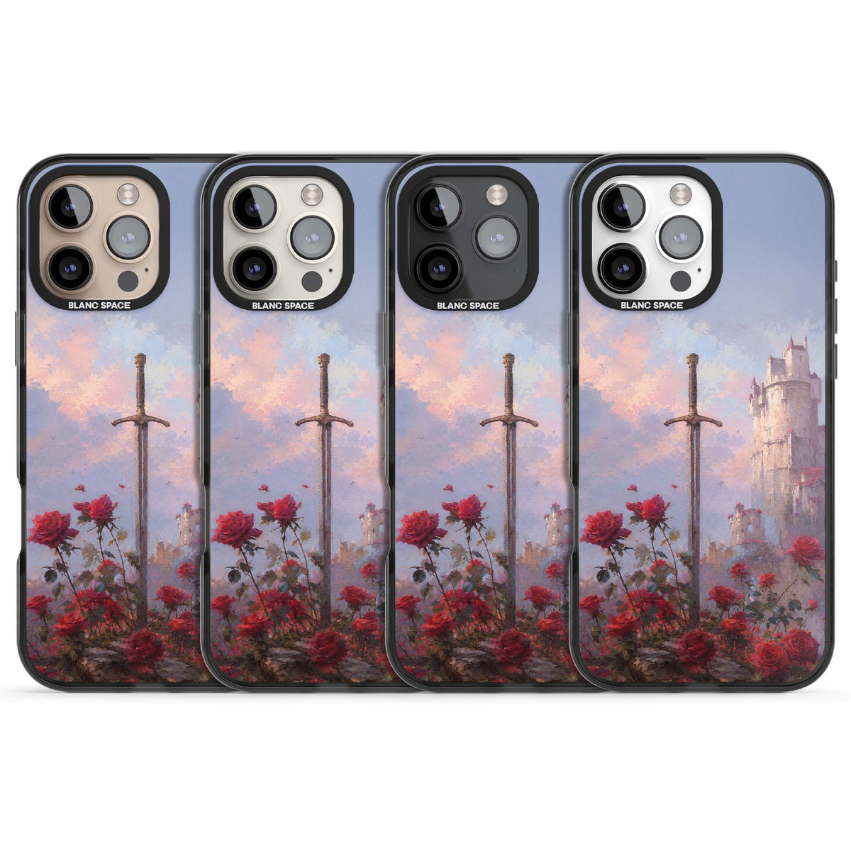 Sword in Roses medieval art iPhone case featuring a sword, red roses, and a misty fairytale castle at sunset | Black Impact Magsafe case for iPhone 16 Pro, iPhone 16 Pro Max