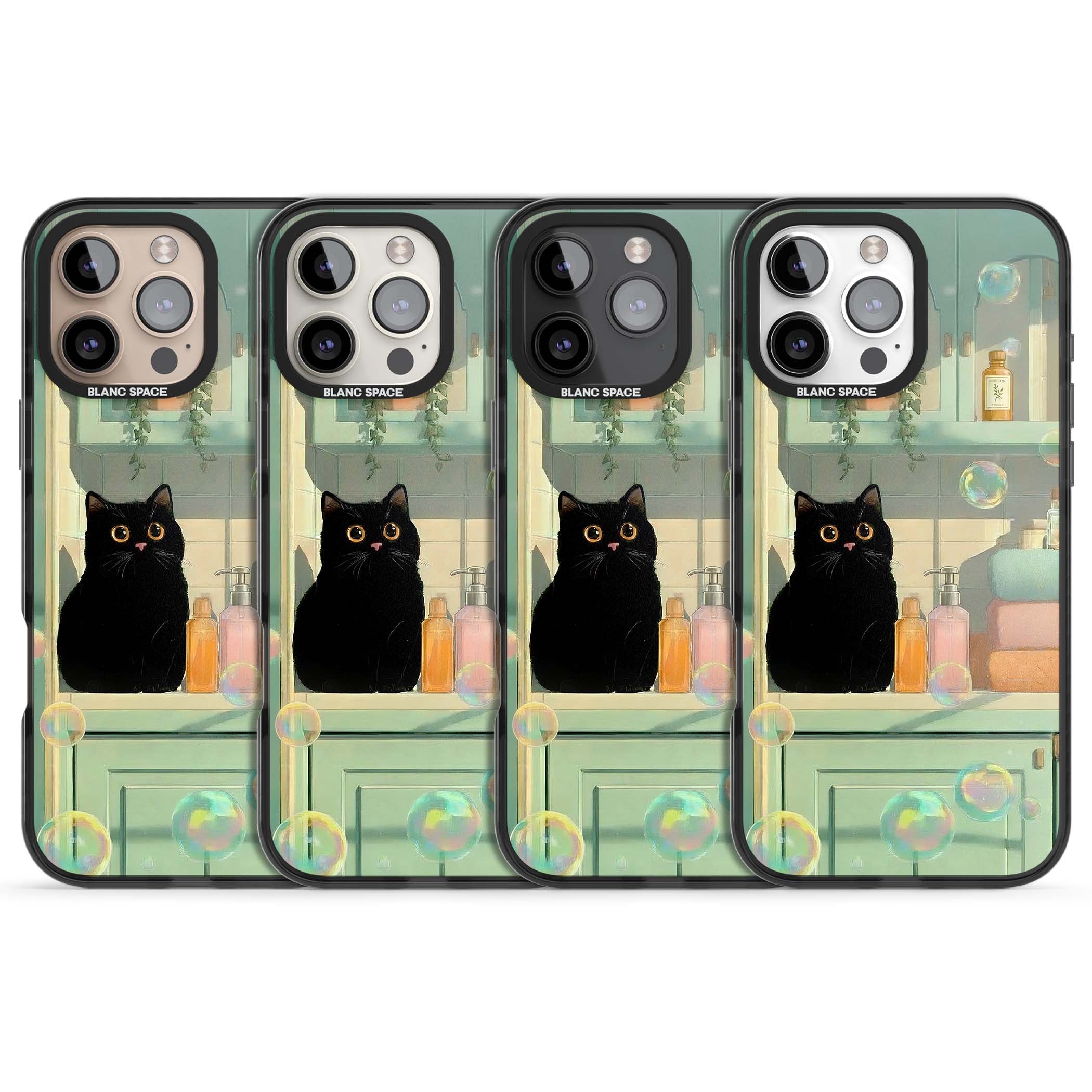 Bathroom Bubble Kitty cottagecore iPhone case featuring a black cat, mint bathroom scene and floating soap bubbles | Black Impact Magsafe case for iPhone 16 Pro, iPhone 16 Pro Max