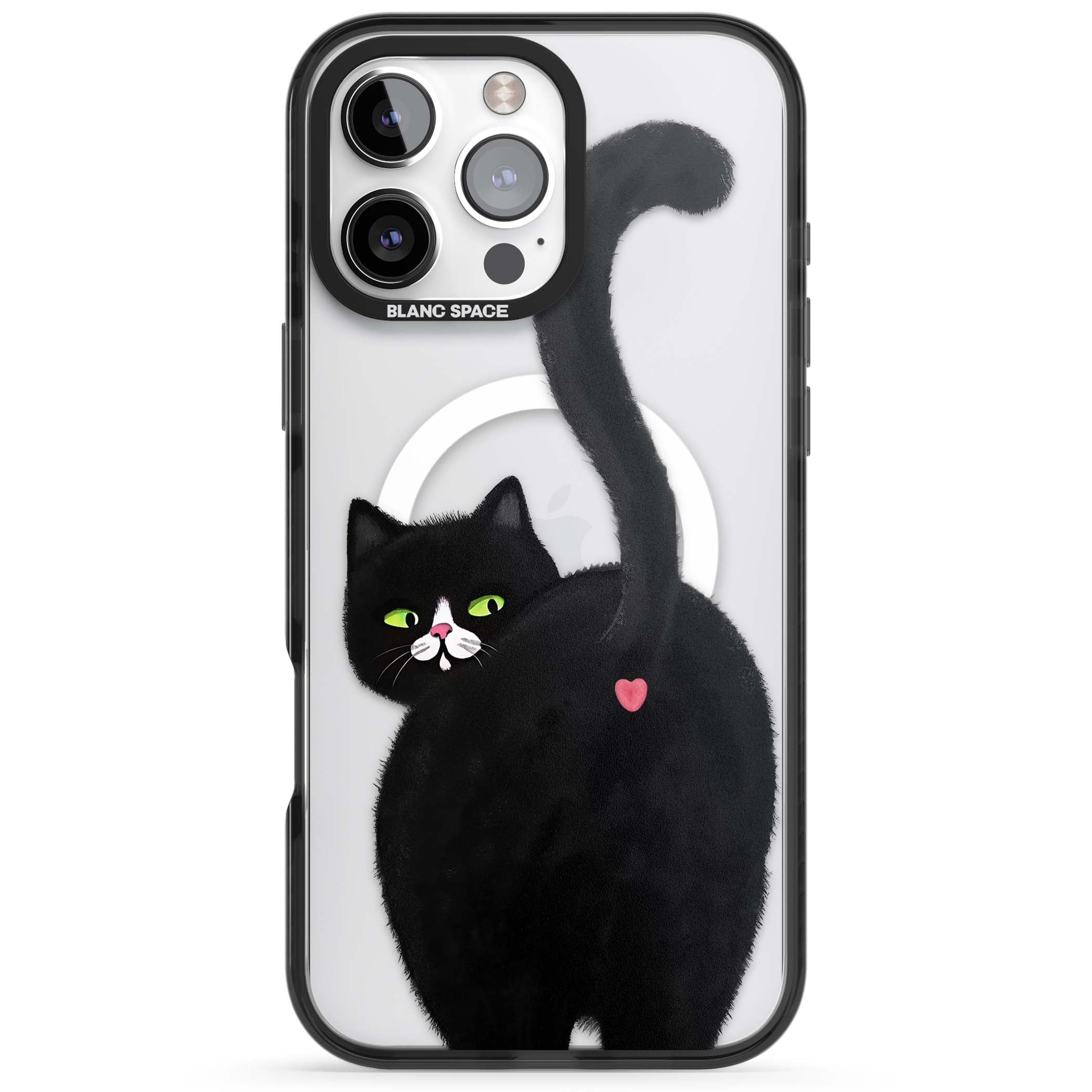 The Cat's Kiss cute cat iPhone case featuring a hand-painted tuxedo kitty with green eyes and a pink heart on a clear  | Black Impact Magsafe case for iPhone 16 Pro, iPhone 16 Pro Max