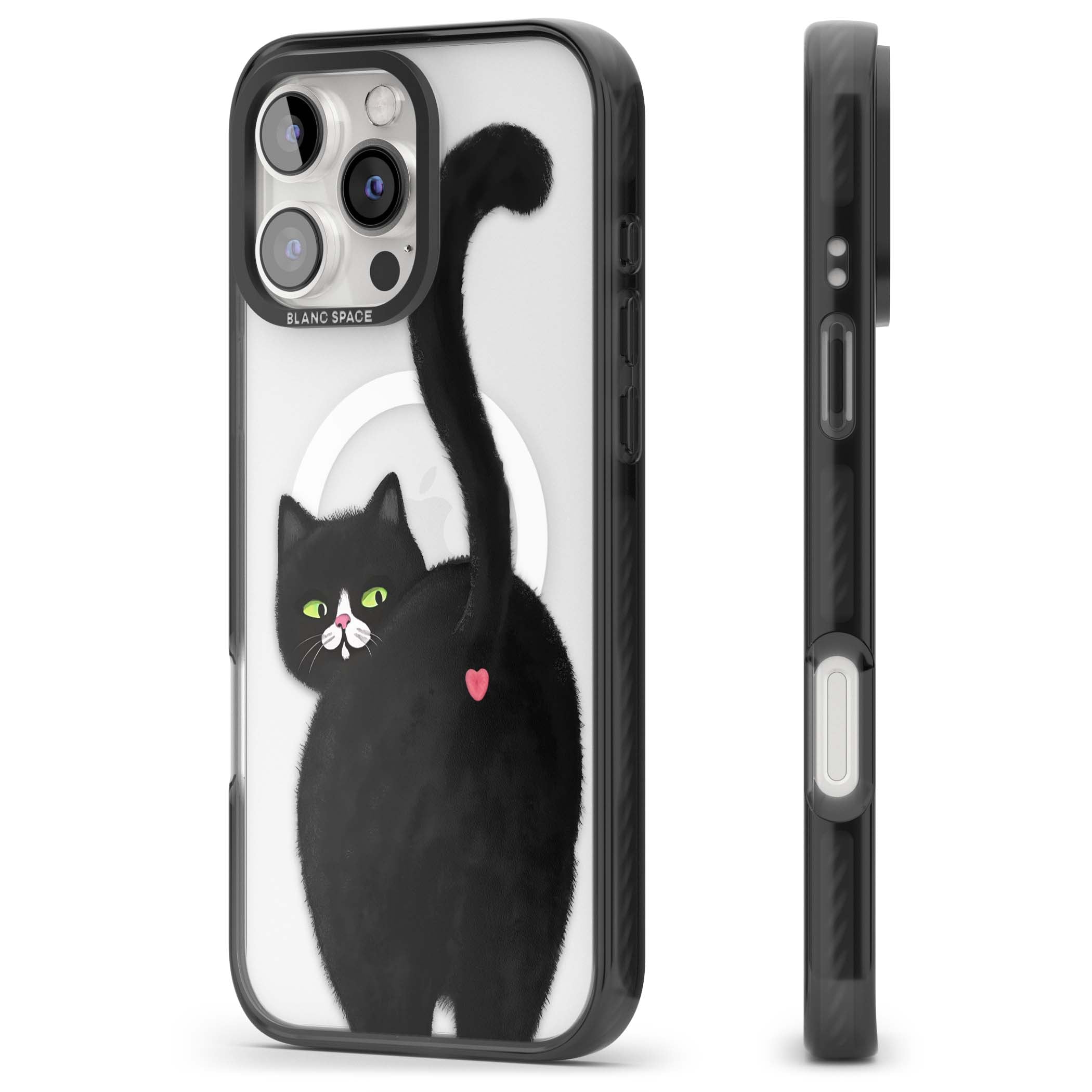 The Cat's Kiss cute cat iPhone case featuring a hand-painted tuxedo kitty with green eyes and a pink heart on a clear  | Black Impact Magsafe case for iPhone 16 Pro, iPhone 16 Pro Max