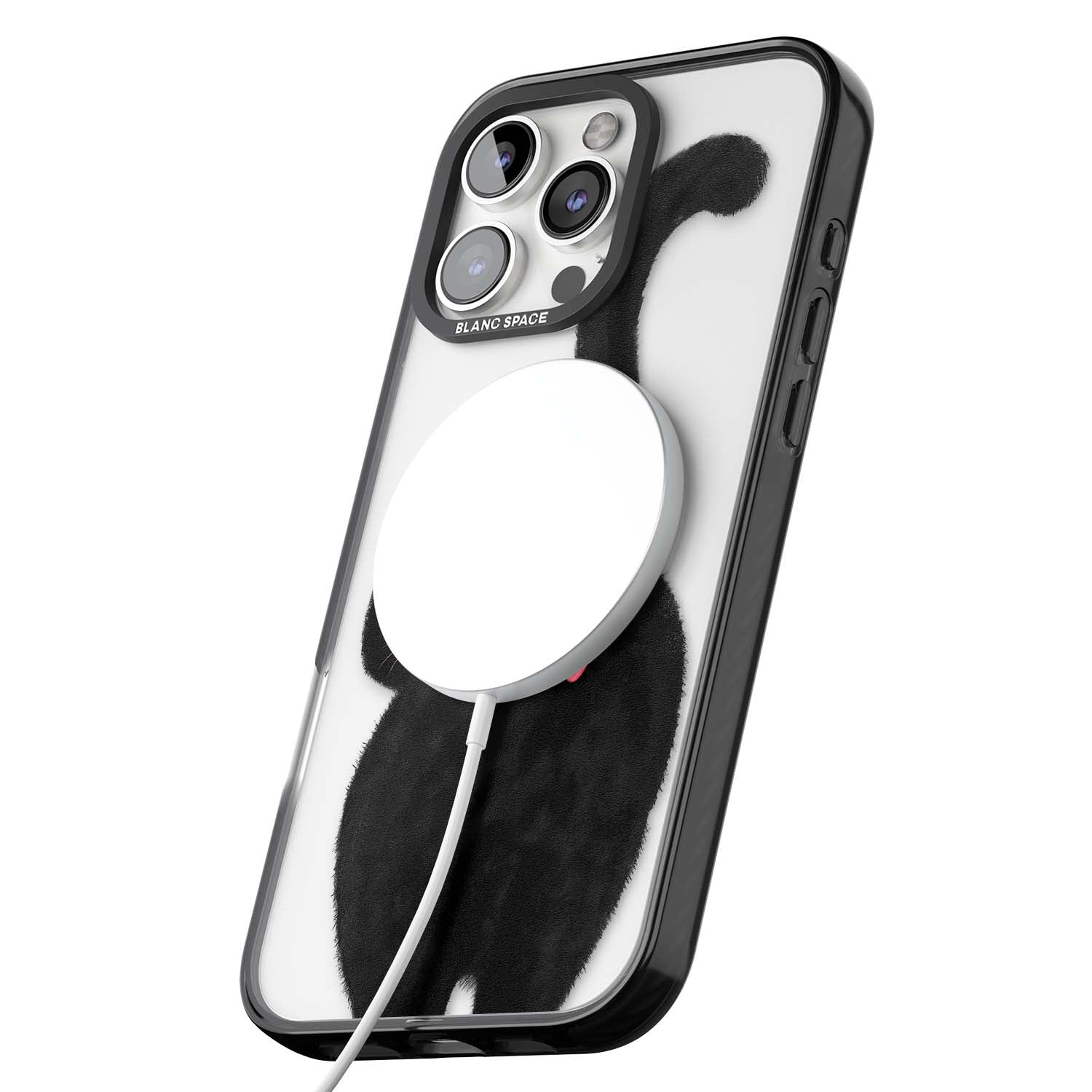 The Cat's Kiss cute cat iPhone case featuring a hand-painted tuxedo kitty with green eyes and a pink heart on a clear  | Black Impact Magsafe case for iPhone 16 Pro, iPhone 16 Pro Max