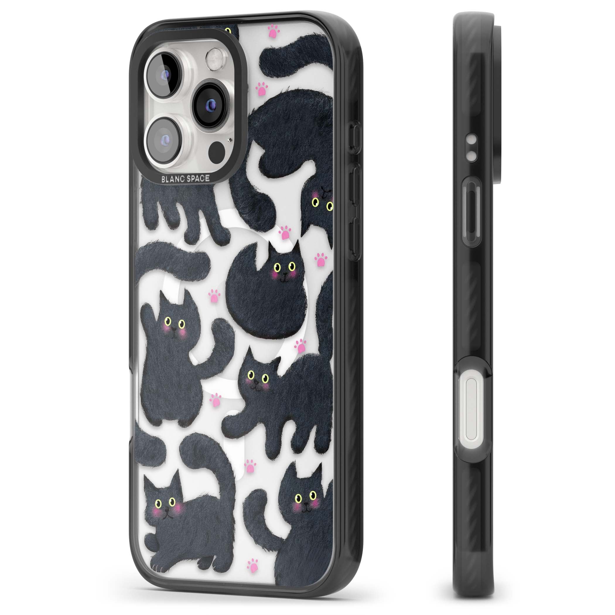 Midnight Cats cute iPhone case featuring black cat pattern with yellow eyes and pink paw prints | Black Impact Magsafe case for iPhone 16 Pro, iPhone 16 Pro Max