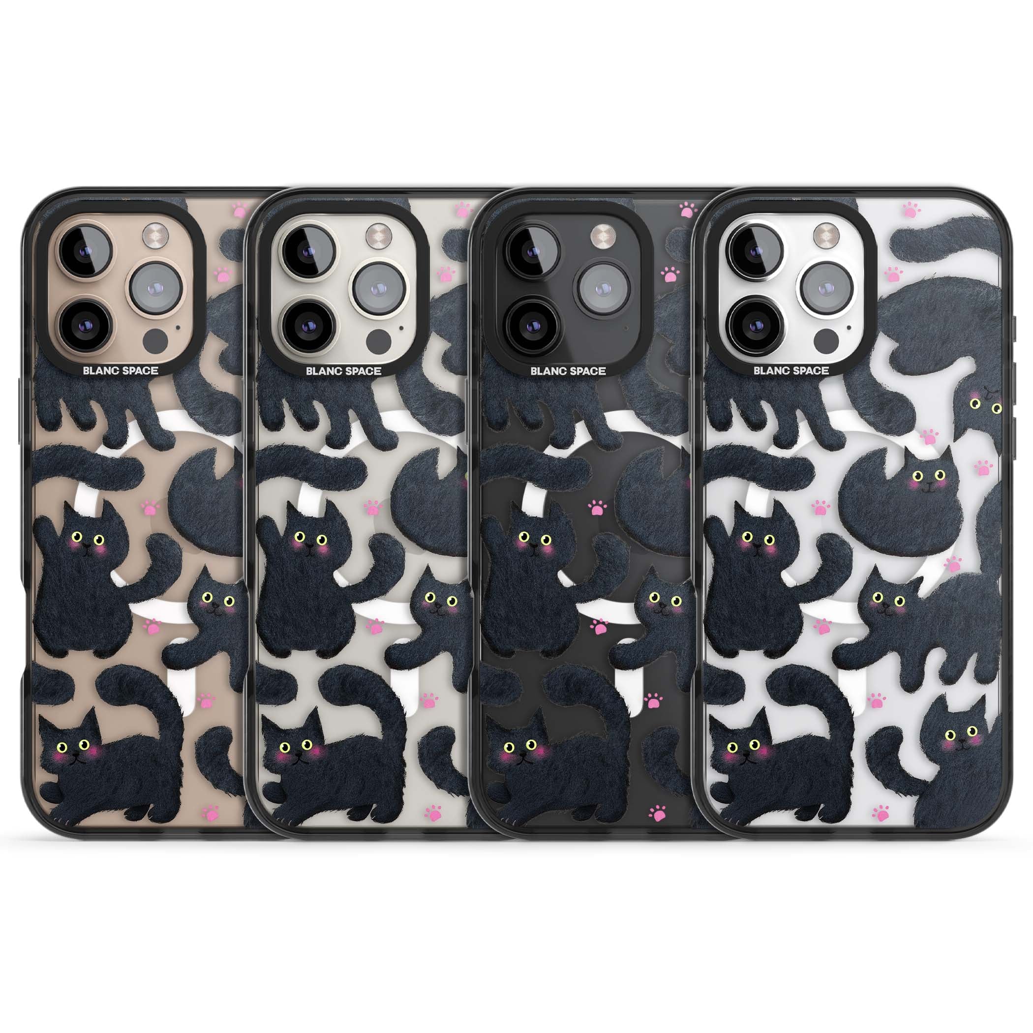 Midnight Cats cute iPhone case featuring black cat pattern with yellow eyes and pink paw prints | Black Impact Magsafe case for iPhone 16 Pro, iPhone 16 Pro Max