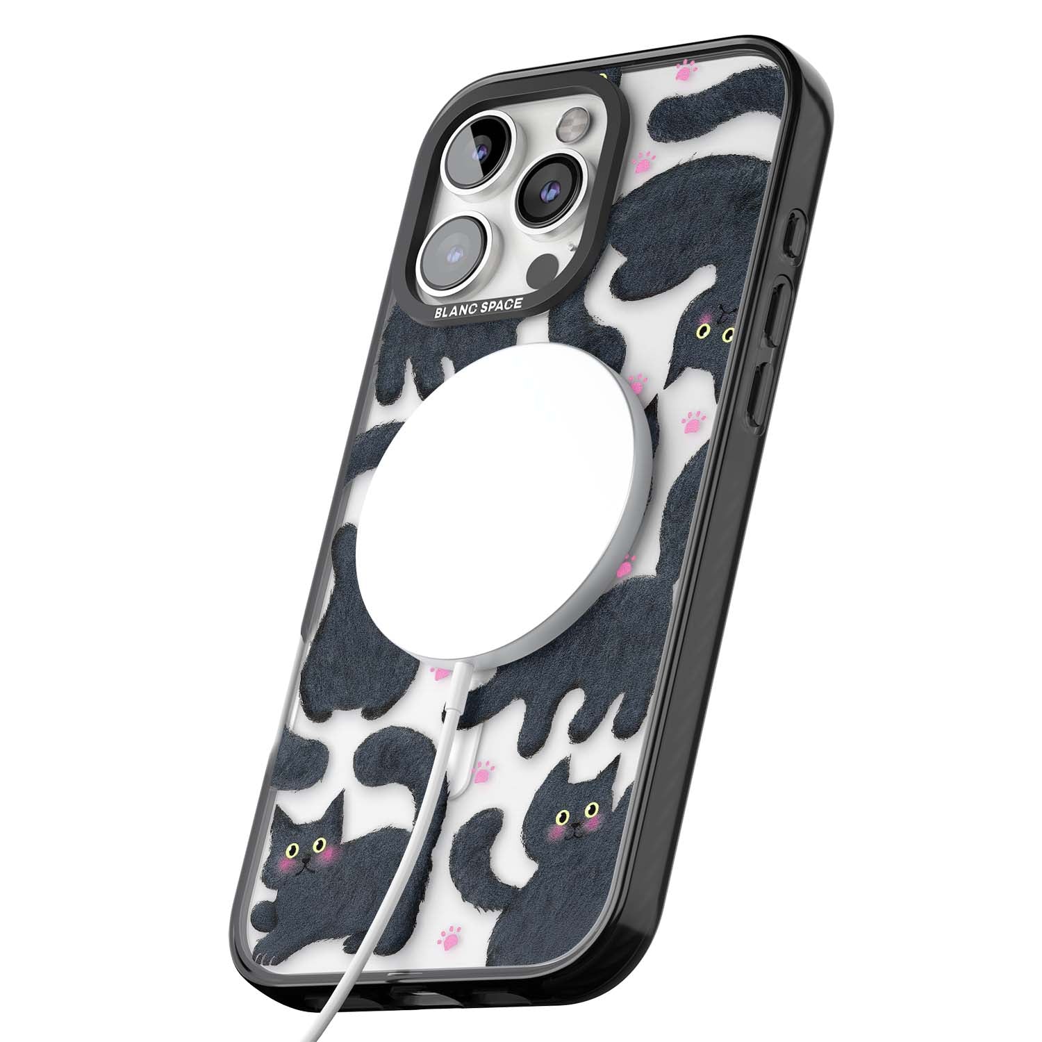 Midnight Cats cute iPhone case featuring black cat pattern with yellow eyes and pink paw prints | Black Impact Magsafe case for iPhone 16 Pro, iPhone 16 Pro Max