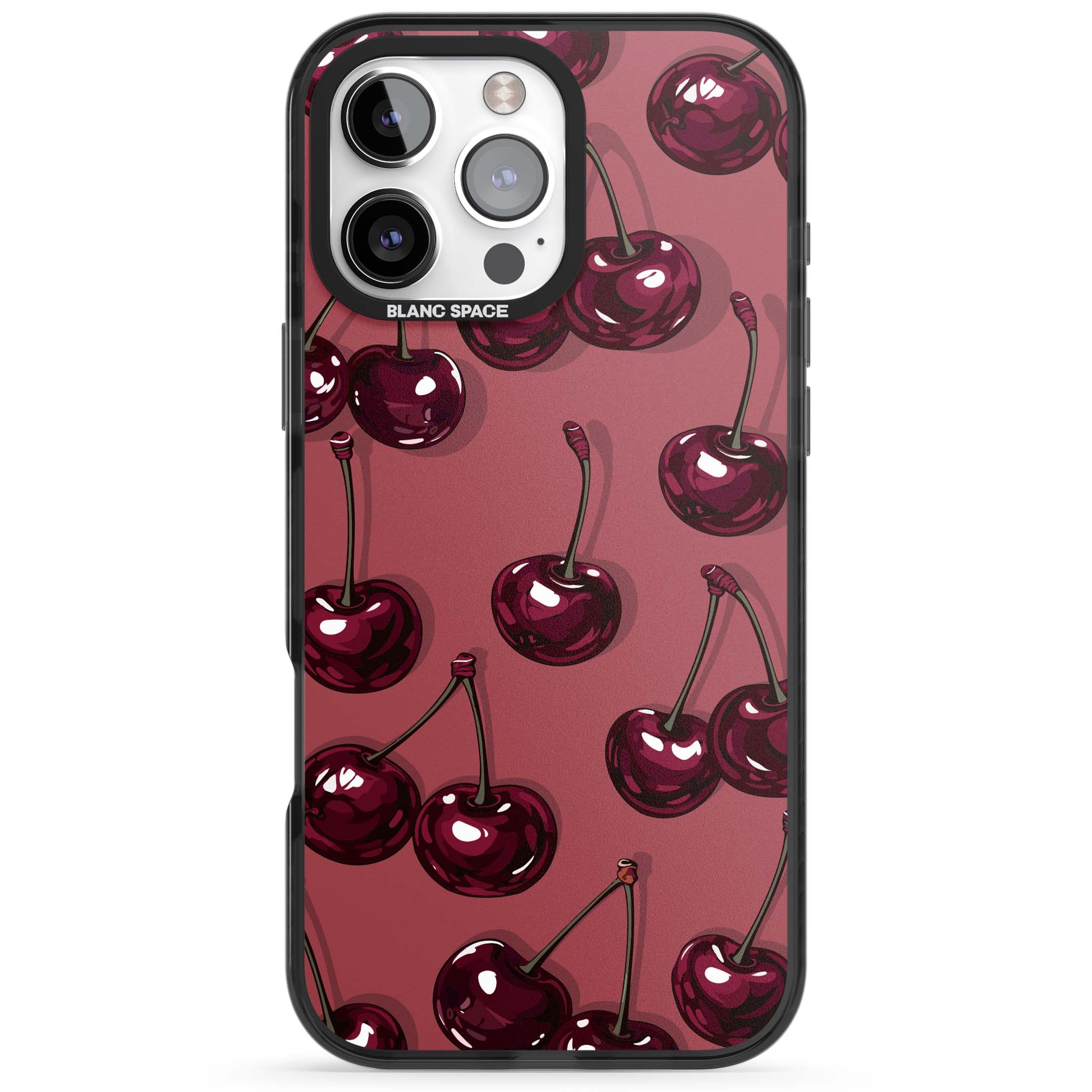 Cherry Rebel coquette iPhone case featuring glossy burgundy cherries on a dusty rose background | Black Impact Magsafe case for iPhone 16 Pro, iPhone 16 Pro Max