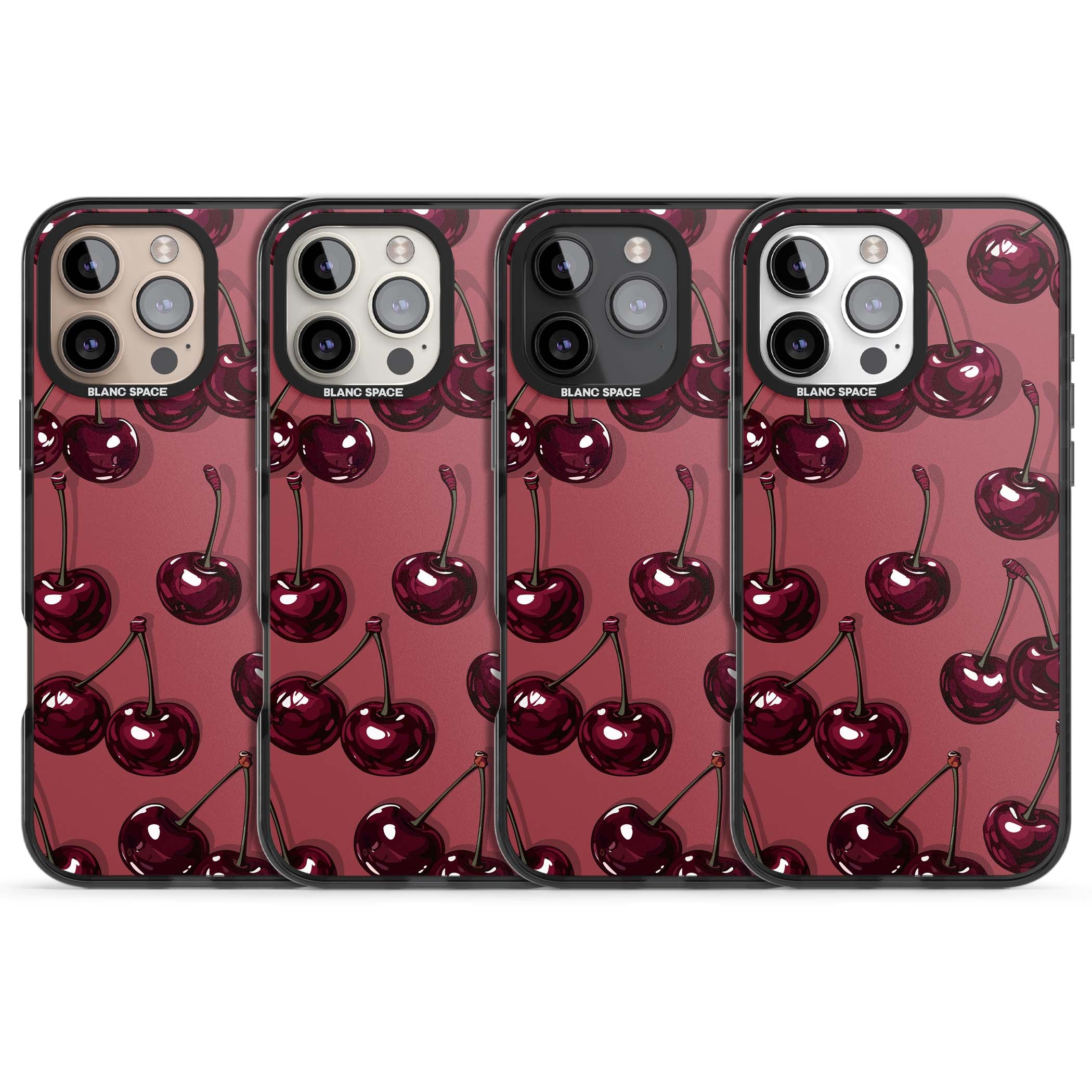 Cherry Rebel coquette iPhone case featuring glossy burgundy cherries on a dusty rose background | Black Impact Magsafe case for iPhone 16 Pro, iPhone 16 Pro Max