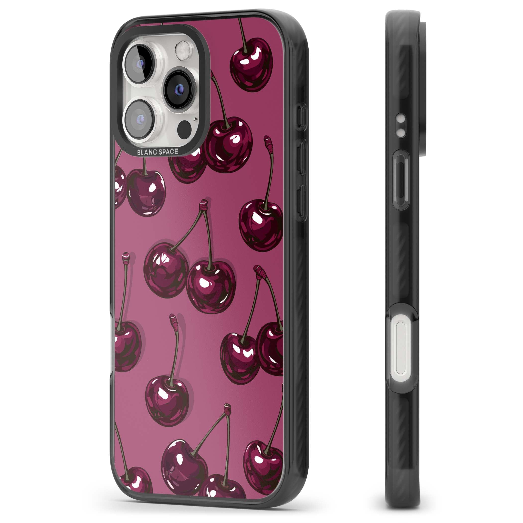 Cherry Soda coquette iPhone case featuring glossy burgundy cherries on a dusty pink background | Black Impact Magsafe case for iPhone 16 Pro, iPhone 16 Pro Max