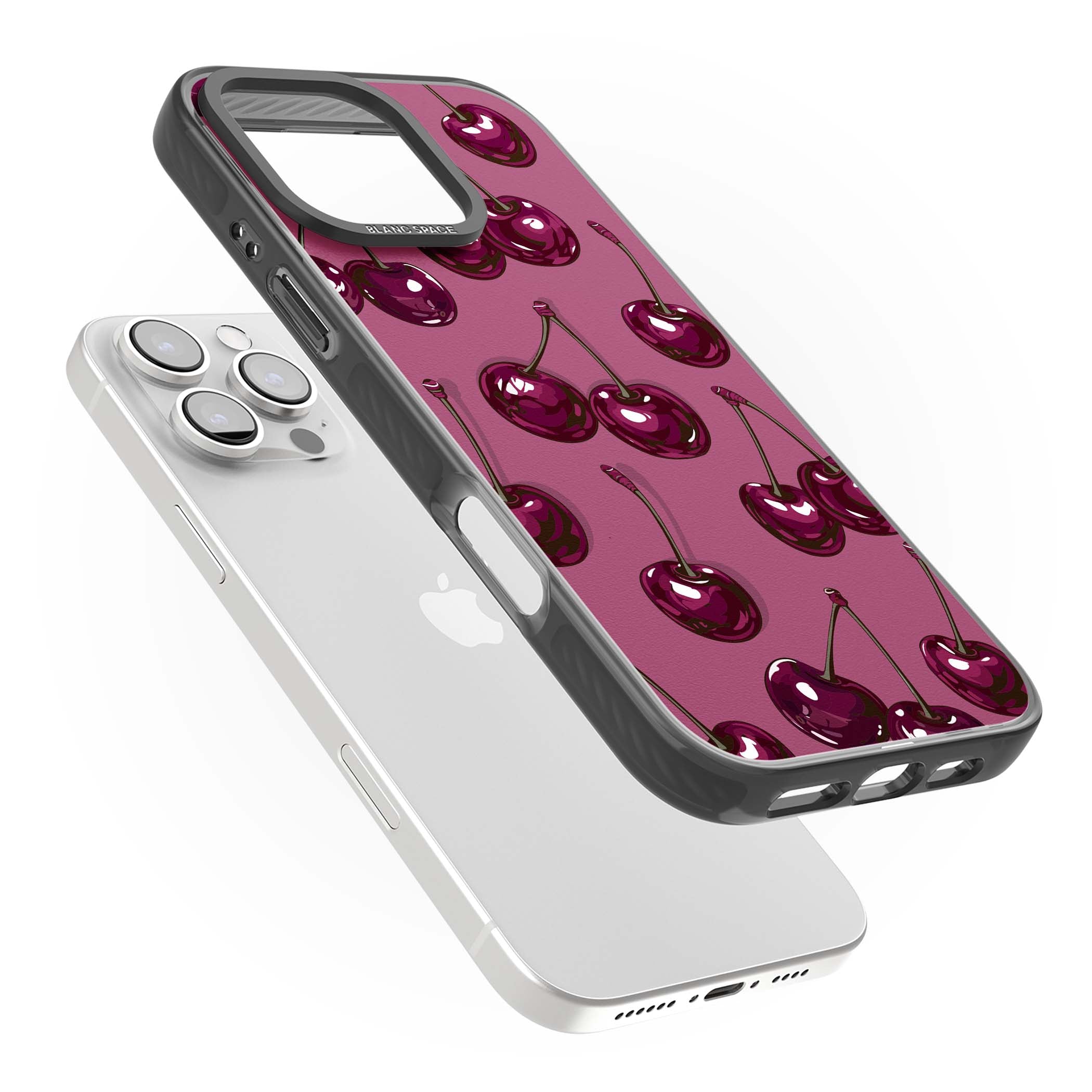 Cherry Soda coquette iPhone case featuring glossy burgundy cherries on a dusty pink background | Black Impact Magsafe case for iPhone 16 Pro, iPhone 16 Pro Max